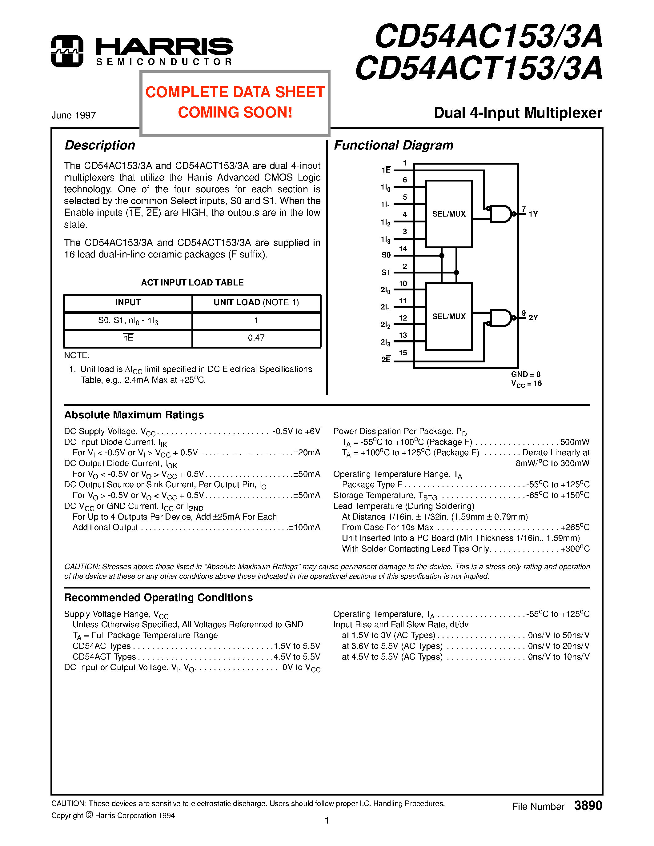 Даташит CD54AC153 - Dual 4-Input Multiplexer страница 1