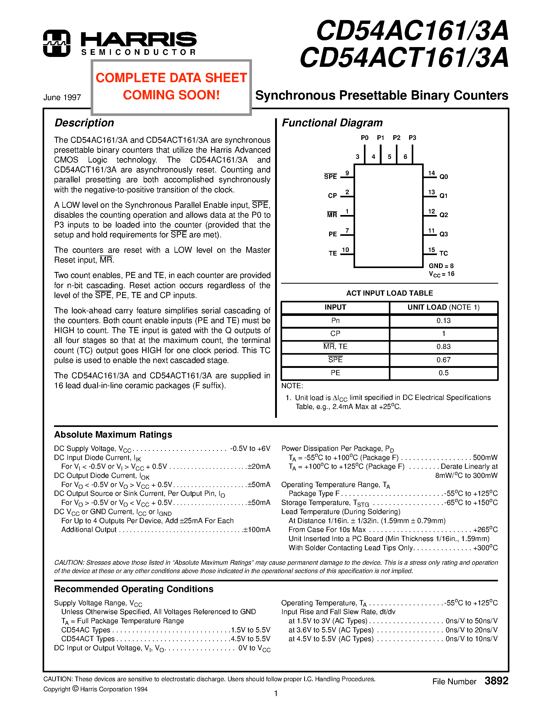 Даташит CD54AC1613A - Synchronous Presettable Binary Counters страница 1