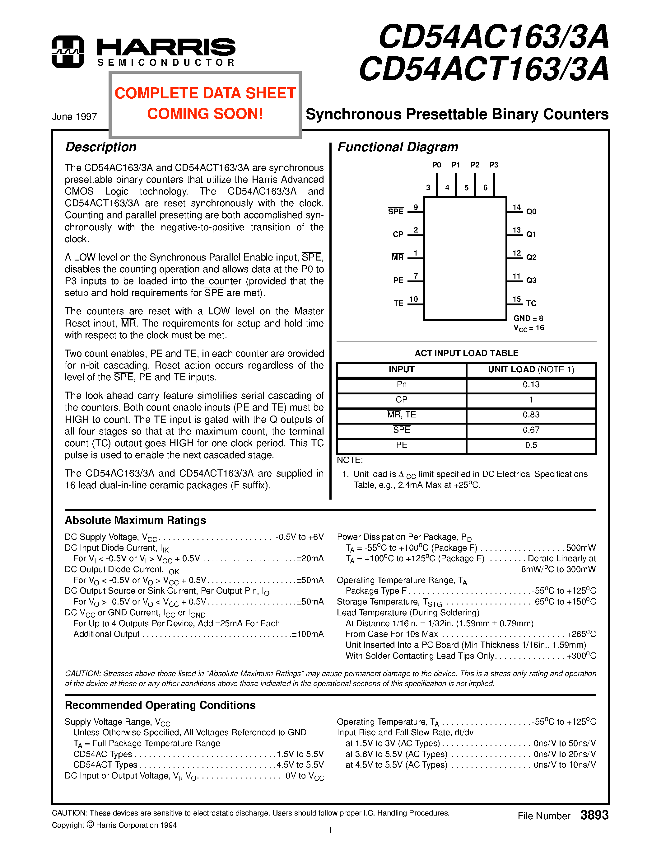 Даташит CD54AC163 - Synchronous Presettable Binary Counters страница 1