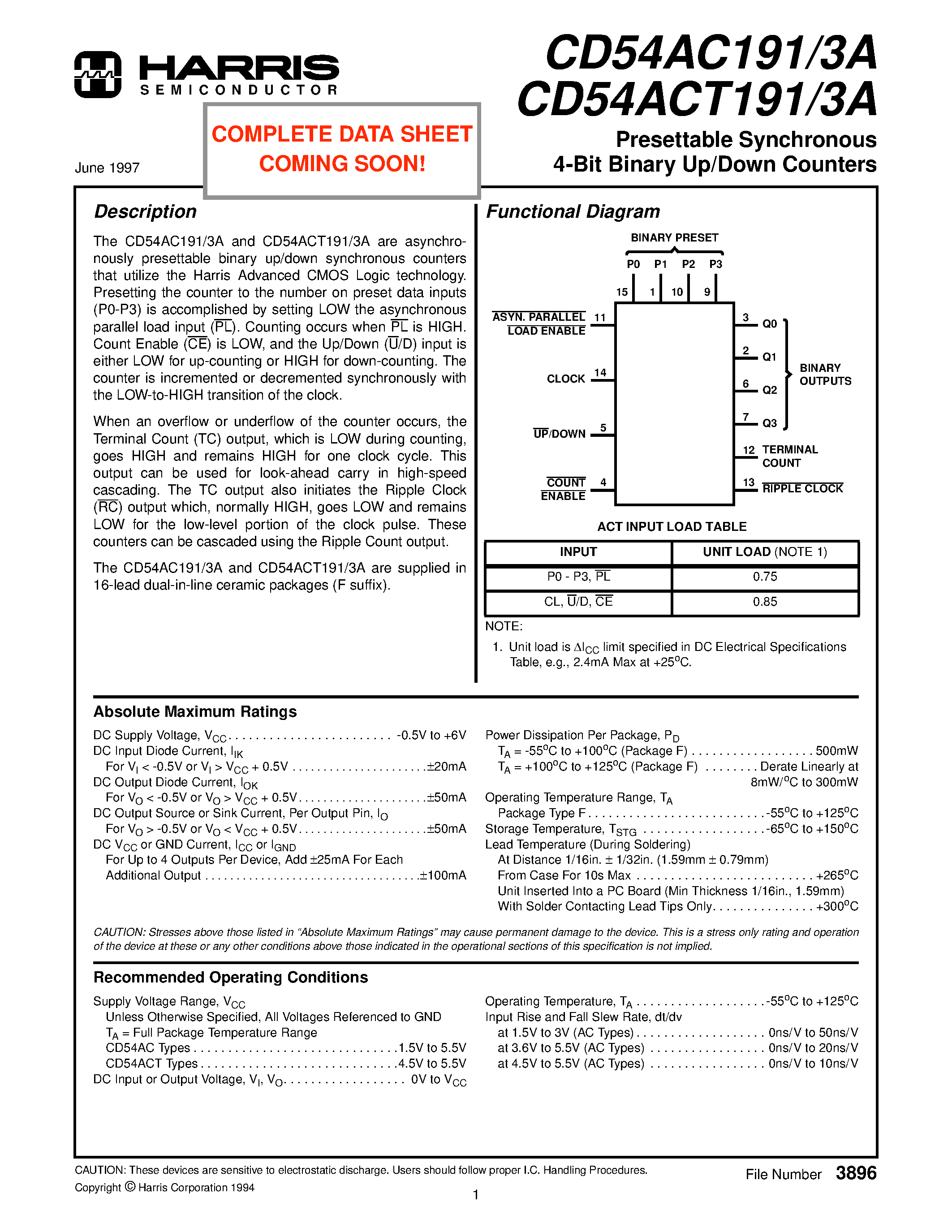 Даташит CD54AC191 - Presettable Synchronous 4-Bit Binary Up/Down Counters страница 1