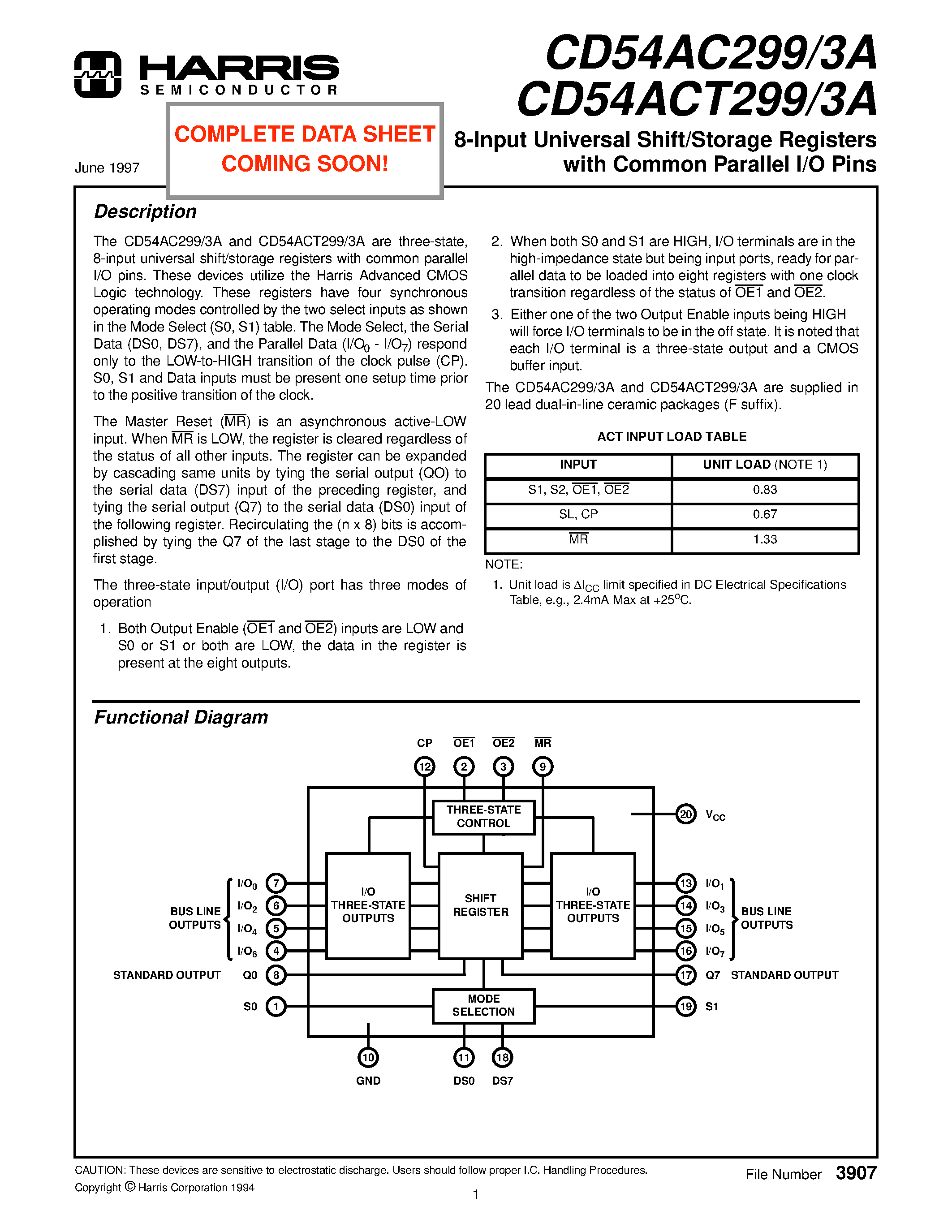 Даташит CD54AC299 - 8-Input Universal Shift/Storage Registers with Common Parallel I/O Pins страница 2