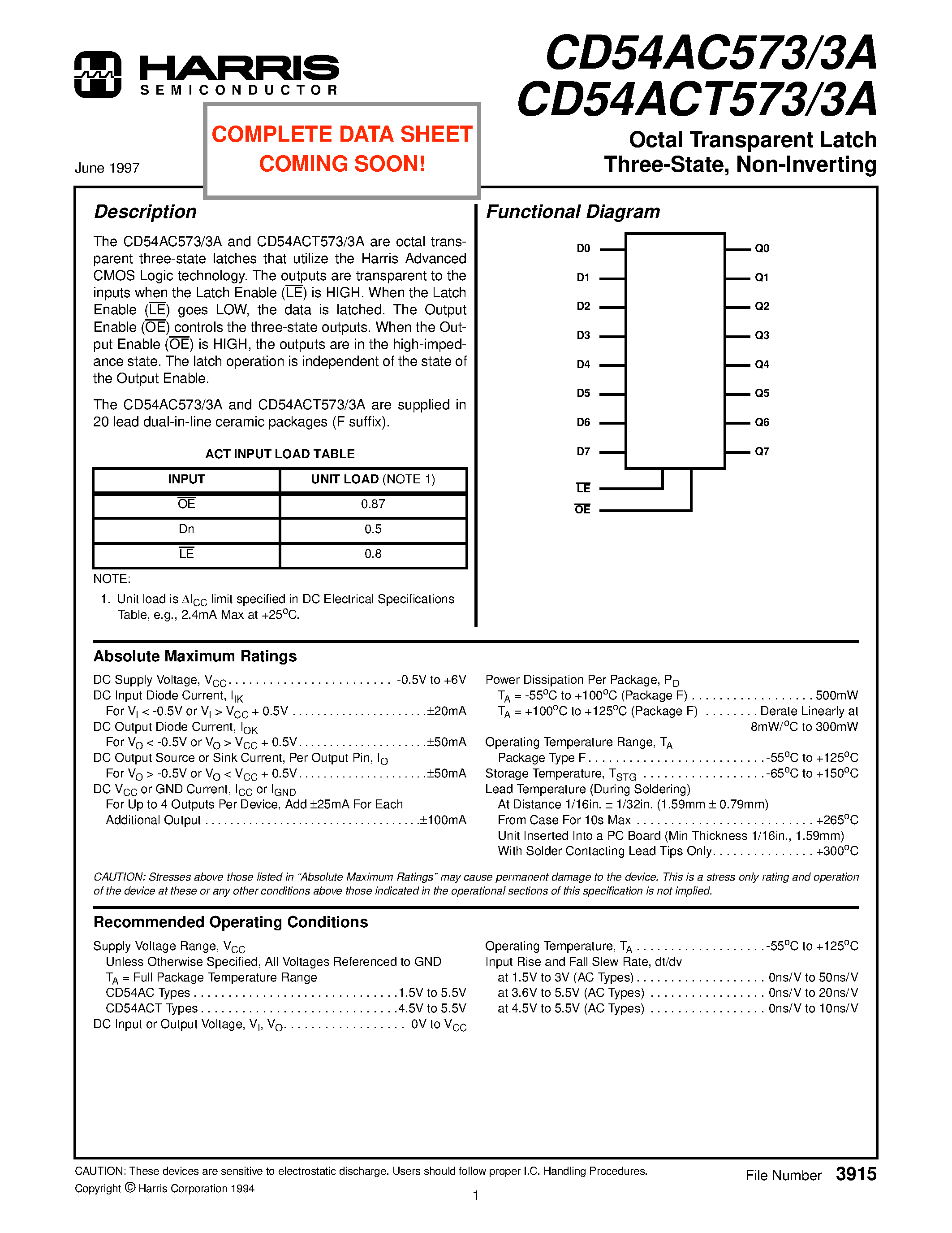 Даташит CD54AC573 - Octal Transparent Latch Three-State/ Non-Inverting страница 1