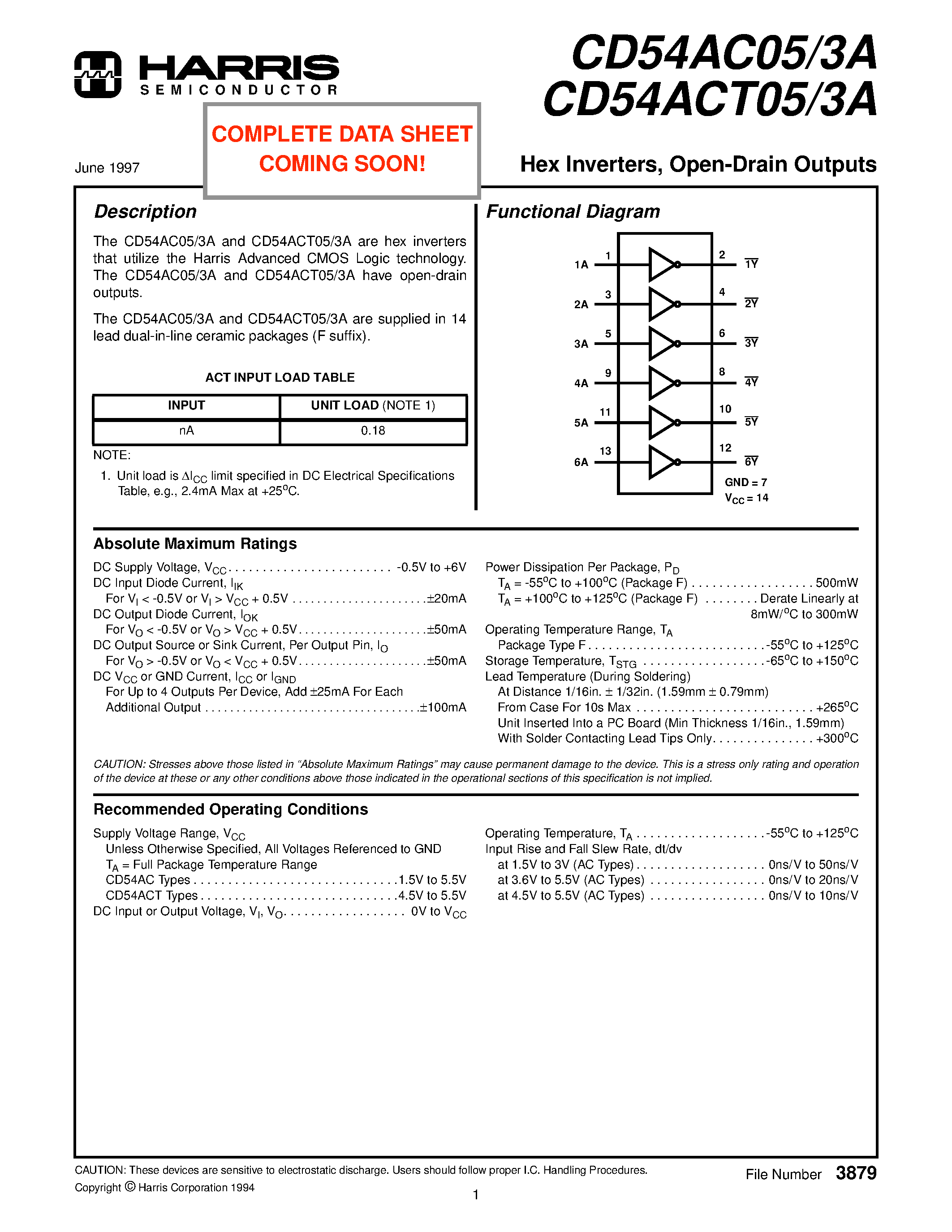 Datasheet CD54ACT05 - Hex Inverters/ Open-Drain Outputs page 1