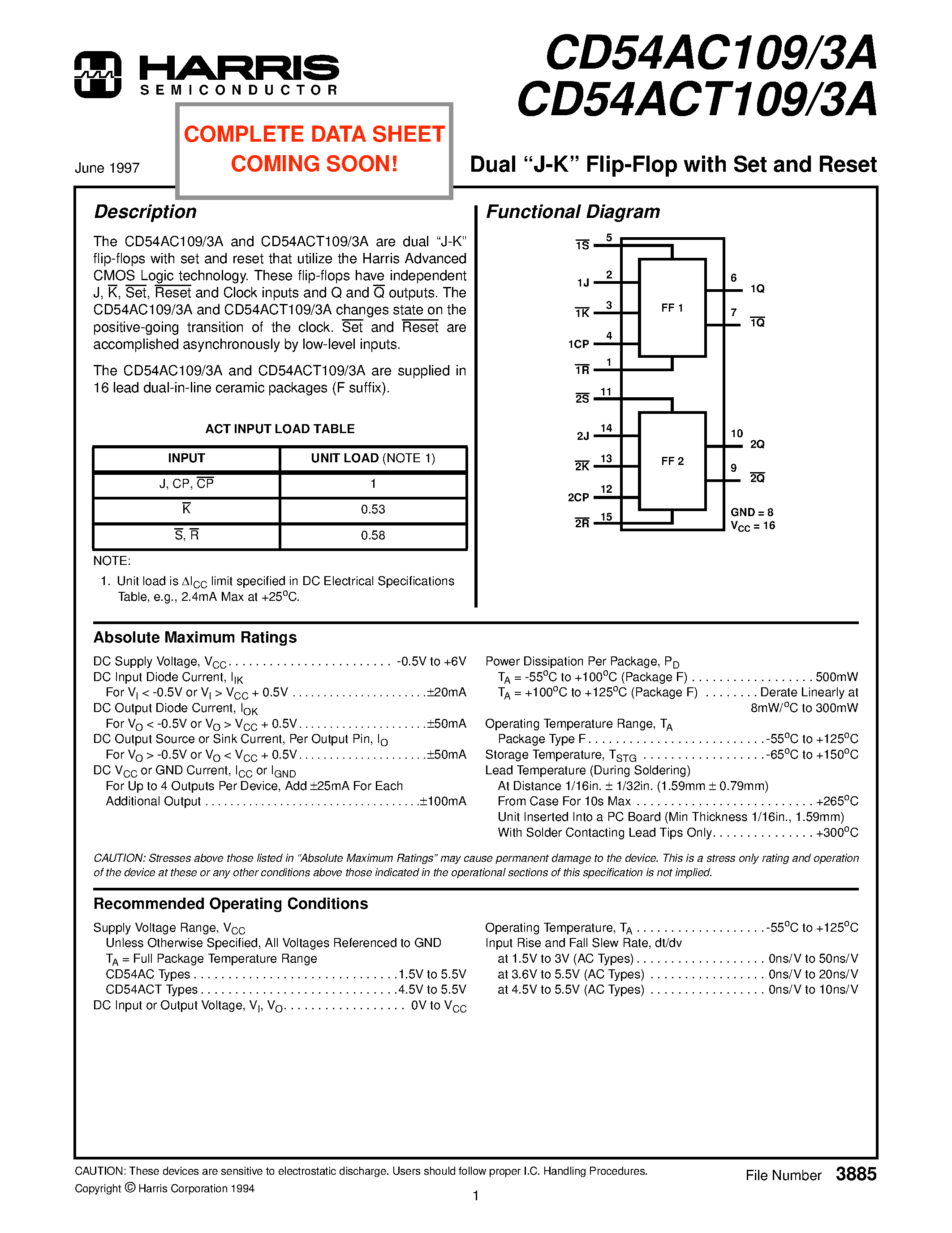 Datasheet CD54ACT103A - Dual J-K Flip-Flop with Set and Reset page 1