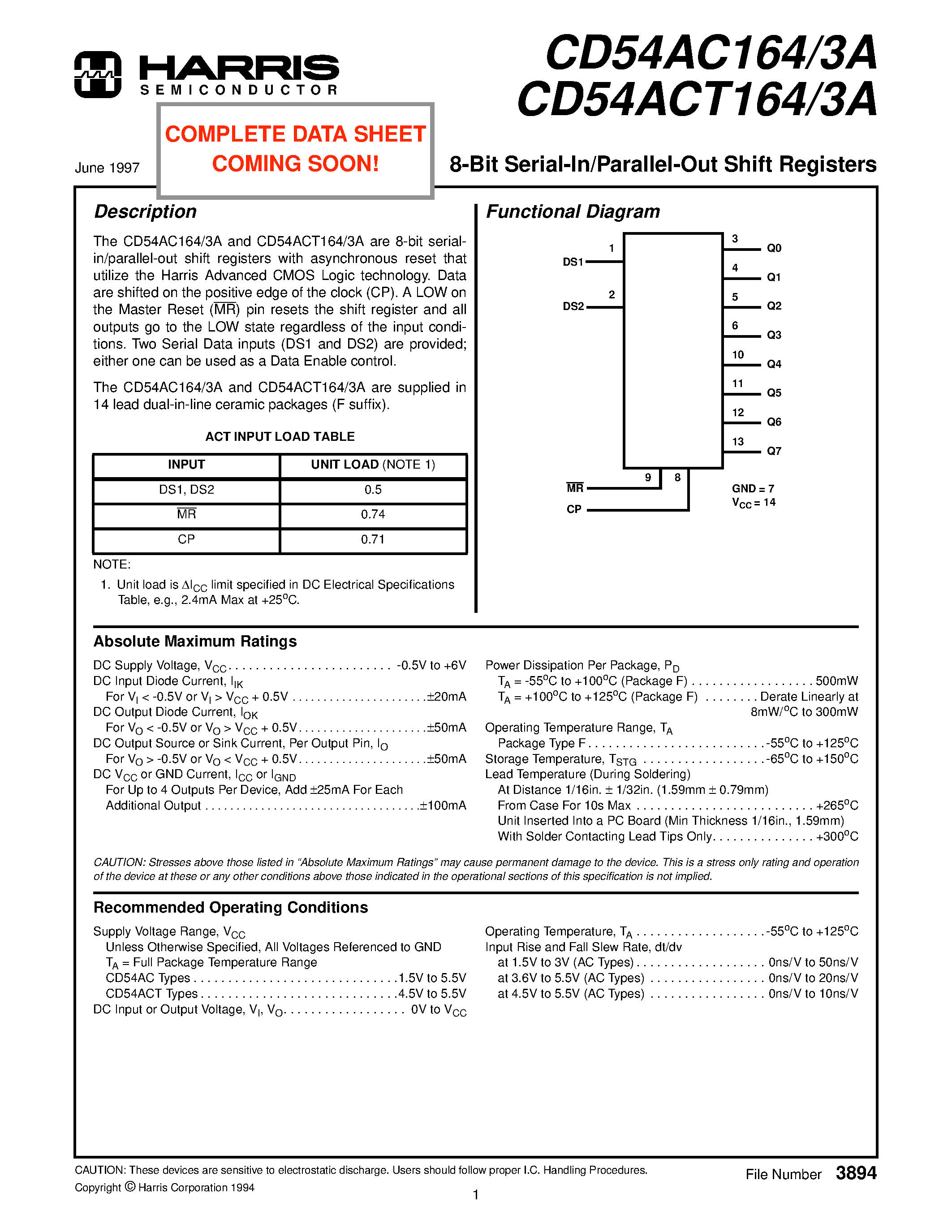 Datasheet CD54ACT164 - 8-Bit Serial-In/Parallel-Out Shift Registers page 1