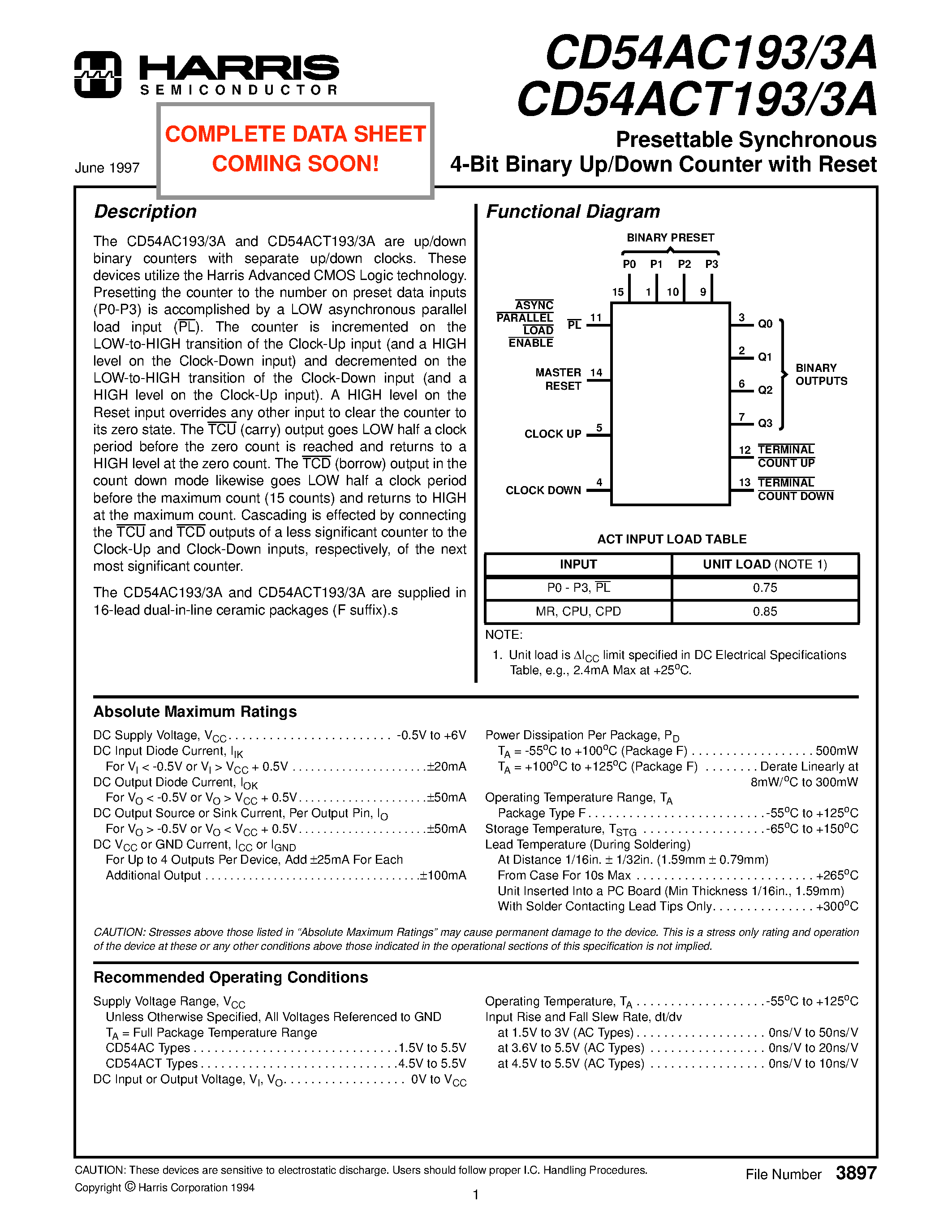 Datasheet CD54ACT193 - Presettable Synchronous 4-Bit Binary Up/Down Counter with Reset page 1