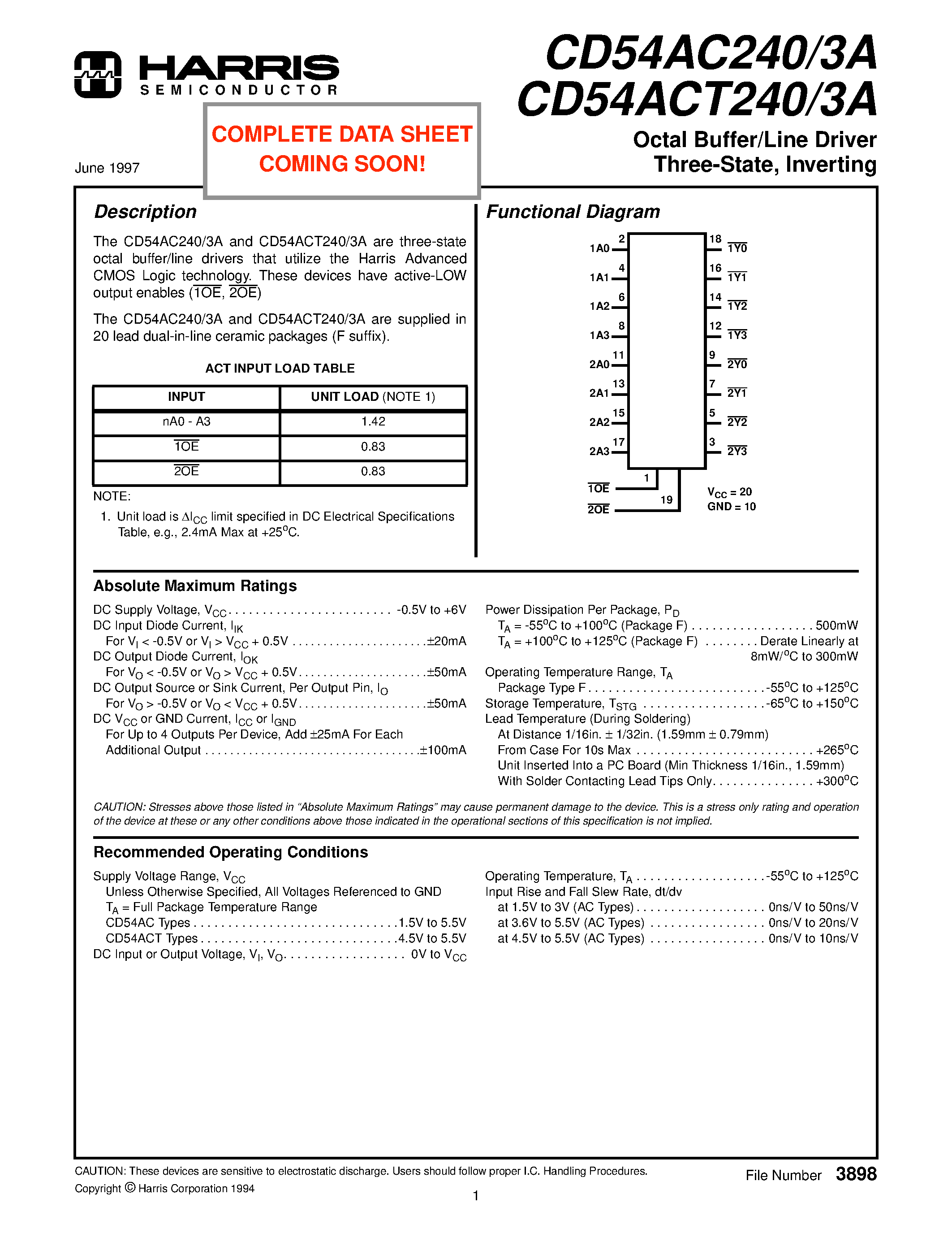 Datasheet CD54ACT240 - Octal Buffer/Line Driver Three-State/ Inverting page 1