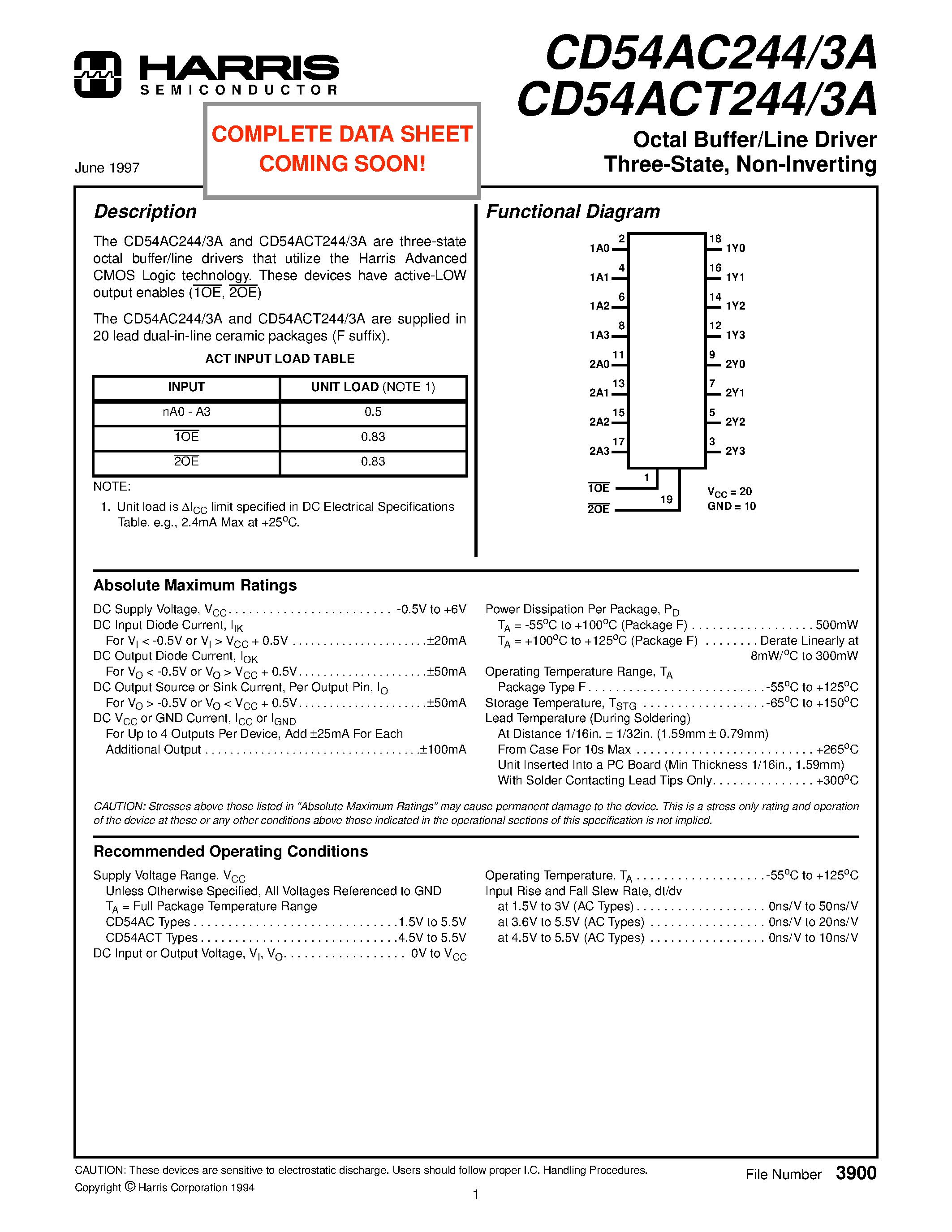 Datasheet CD54ACT244 - Octal Buffer/Line Driver Three-State/ Non-Inverting page 1