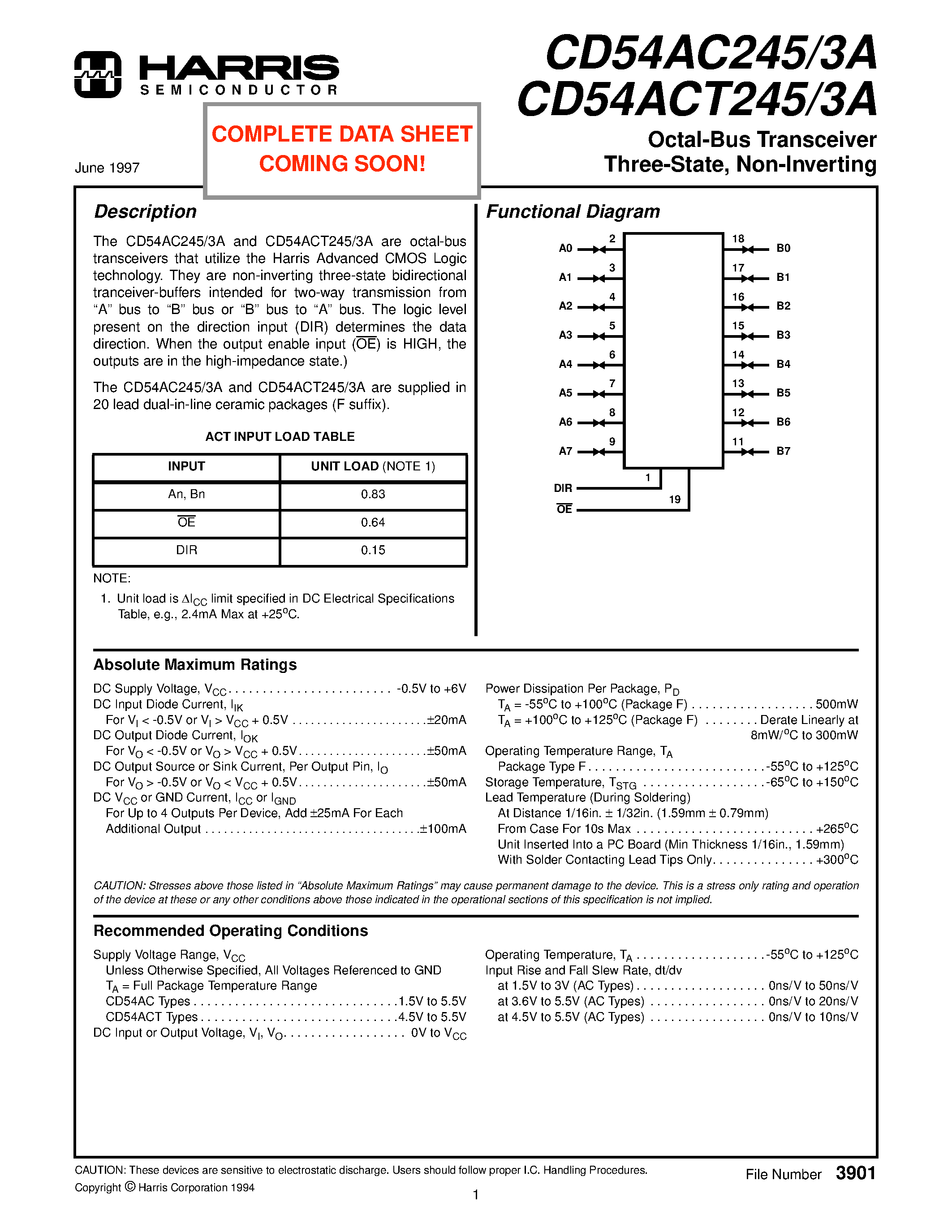 Datasheet CD54ACT245 - Octal-Bus Transceiver Three-State/ Non-Inverting page 1