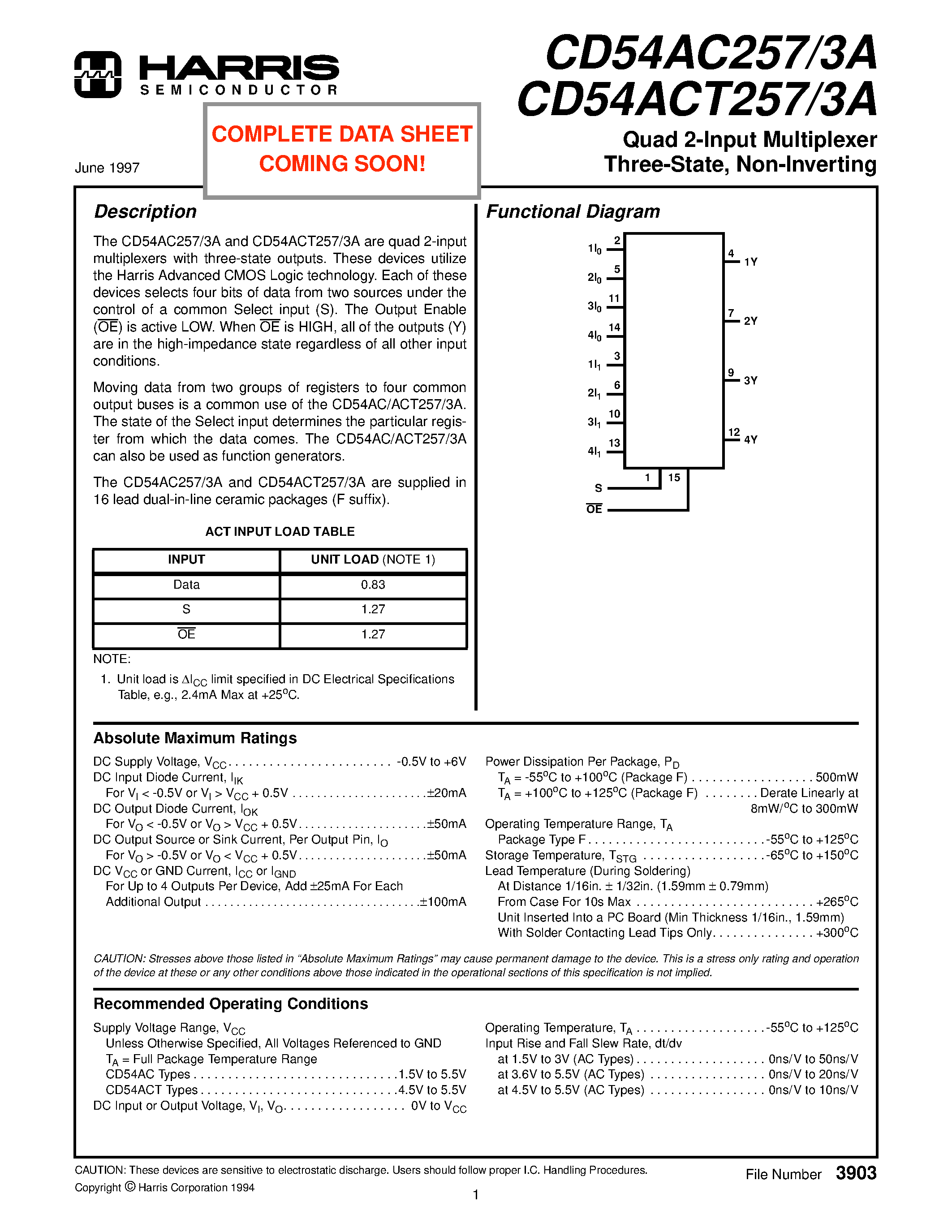 Datasheet CD54ACT257 - Quad 2-Input Multiplexer Three-State/ Non-Inverting page 1