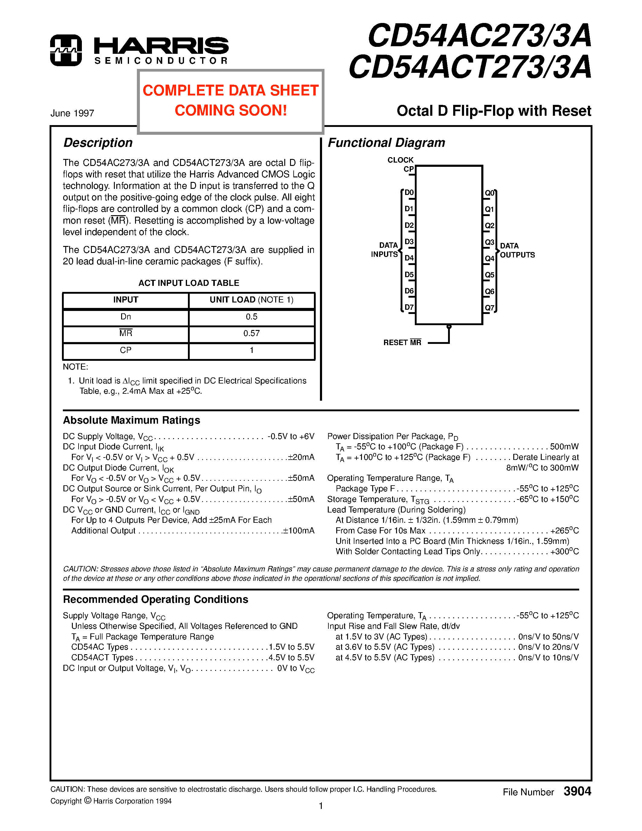 Datasheet CD54ACT273 - Octal D Flip-Flop with Reset page 1