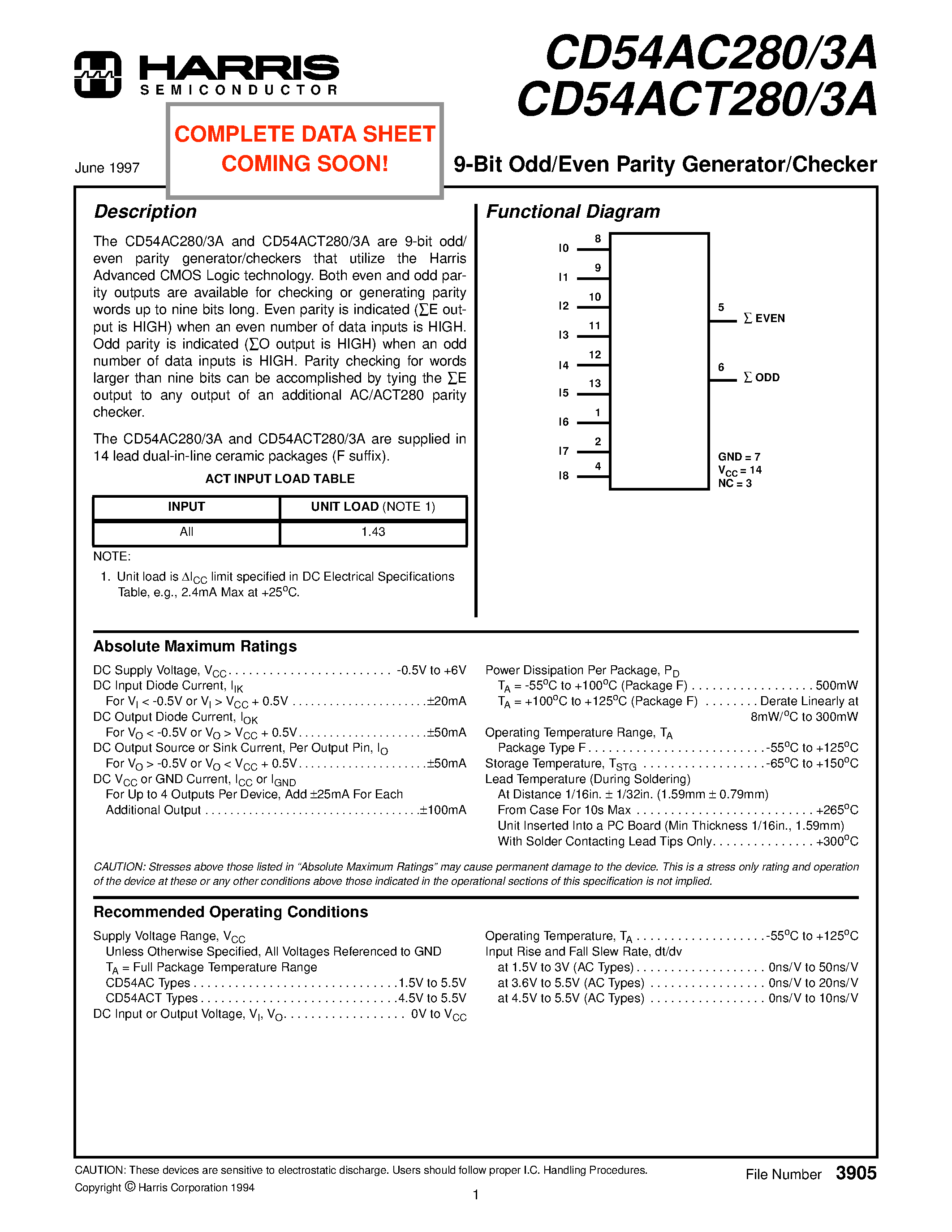 Datasheet CD54ACT280 - 2.4 GHZ WDECT/ISM SINGLE-CHIP TRANSCEIVER page 1