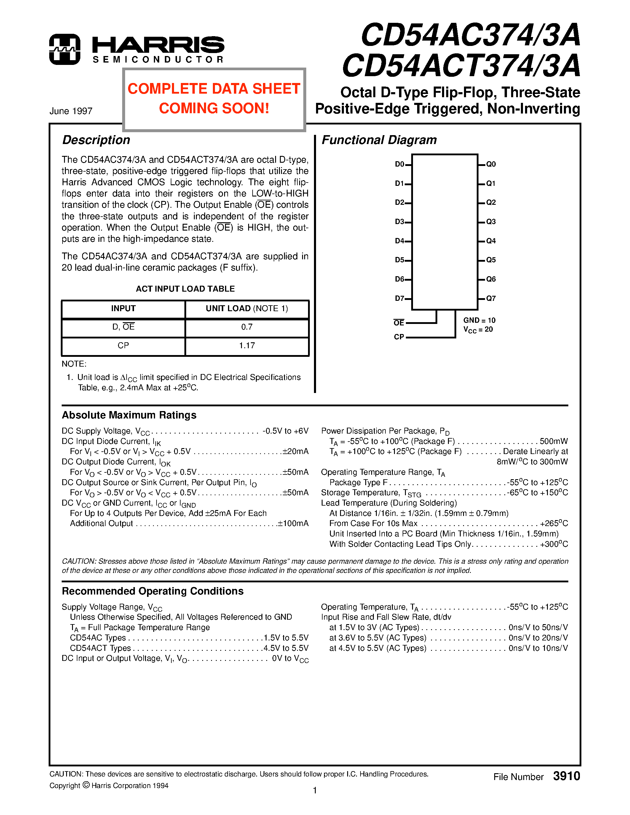 Datasheet CD54ACT374 - Octal D-Type Flip-Flop/ Three-State Positive-Edge Triggered/ Non-Inverting page 1