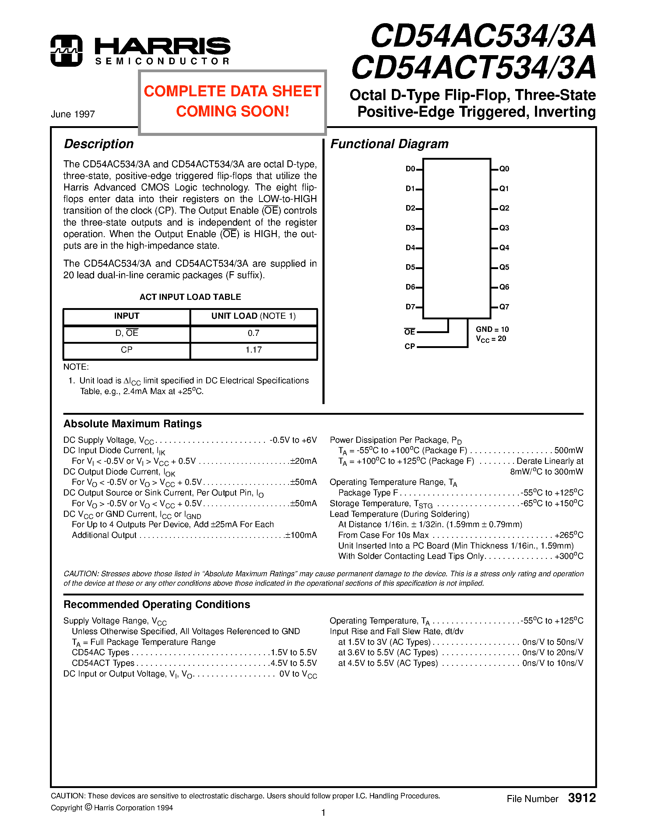 Datasheet CD54ACT5343A - Octal D-Type Flip-Flop/ Three-State Positive-Edge Triggered/ Inverting page 1