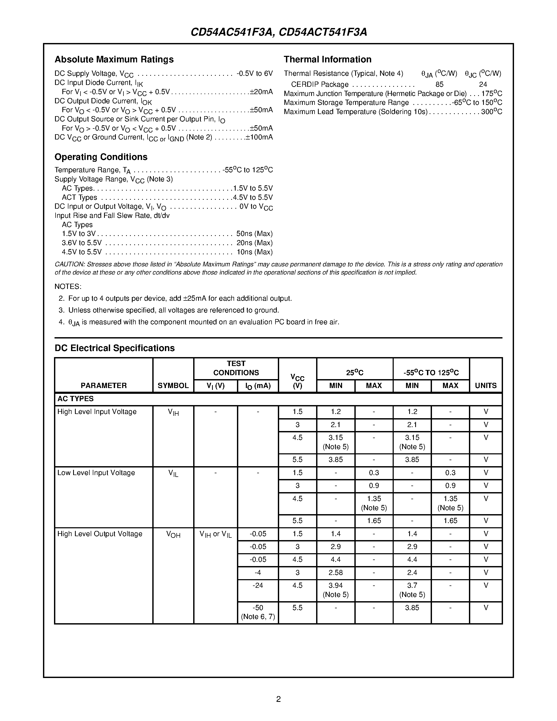 Datasheet CD54ACT541F3A - Octal Buffer/Line Driver Three-State/ Non-Inverting page 2