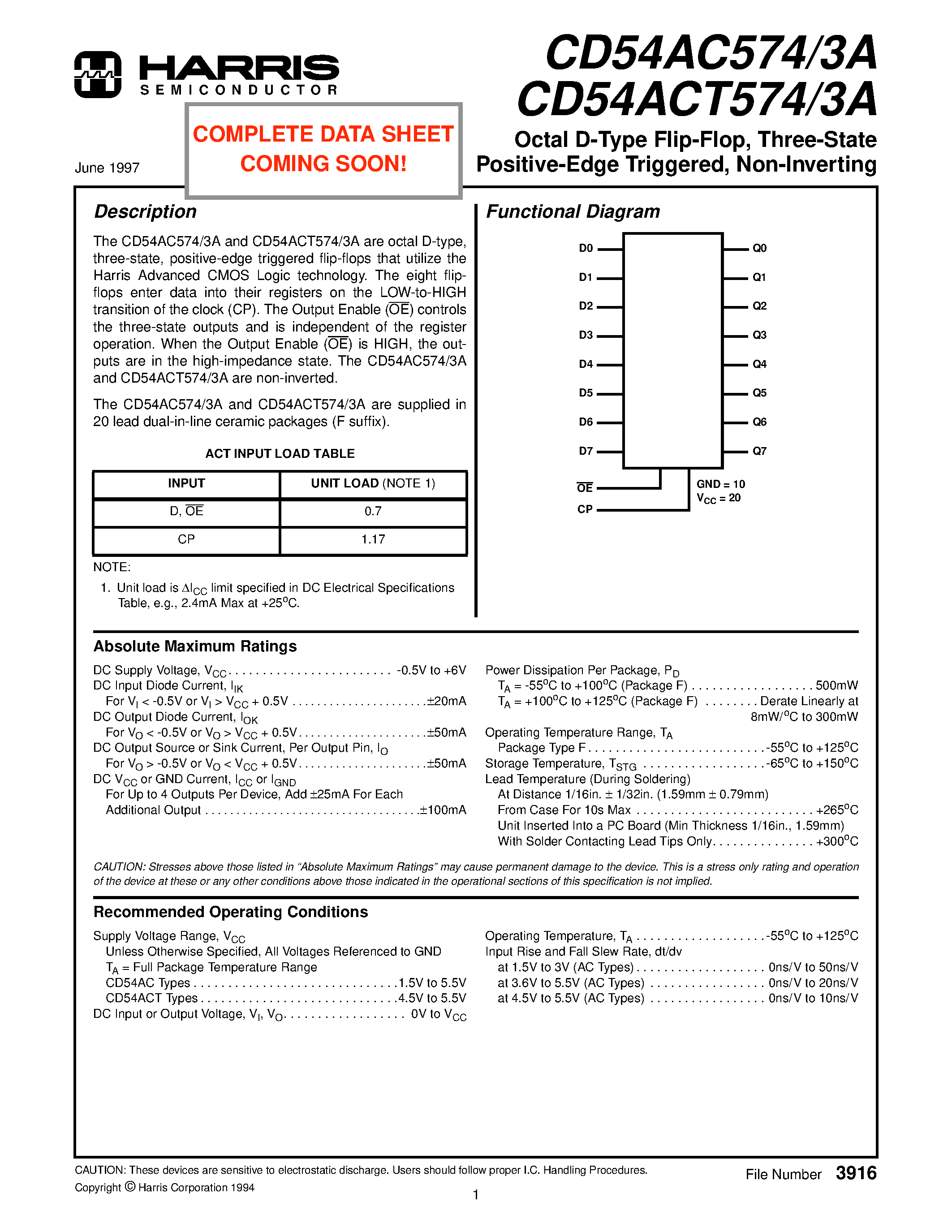 Datasheet CD54ACT574 - Octal D-Type Flip-Flop/ Three-State Positive-Edge Triggered/ Non-Inverting page 1