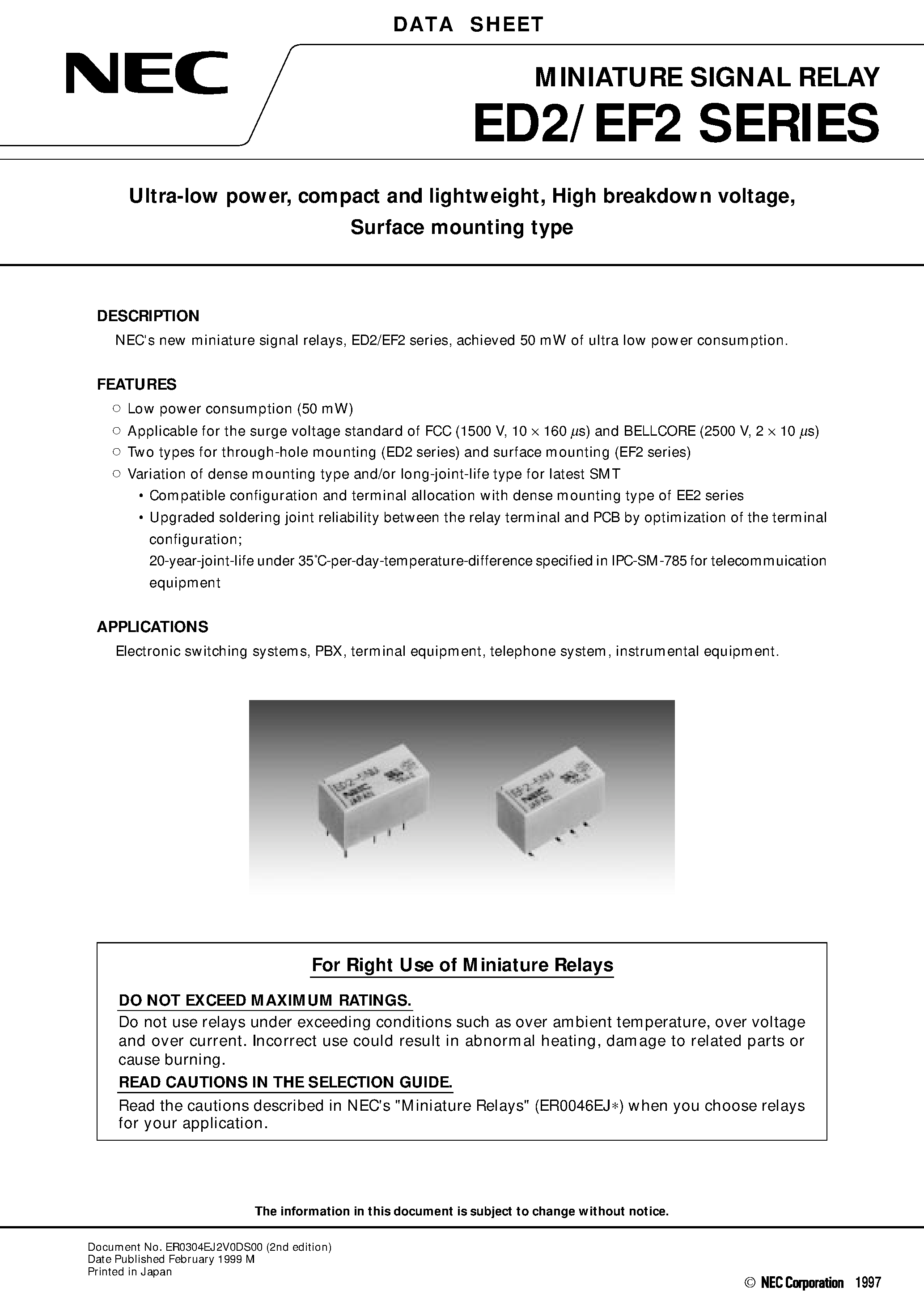 Datasheet ED2-4.5NJ - Ultra-low power/ compact and lightweight/ High breakdown voltage/ Surface mounting type page 1