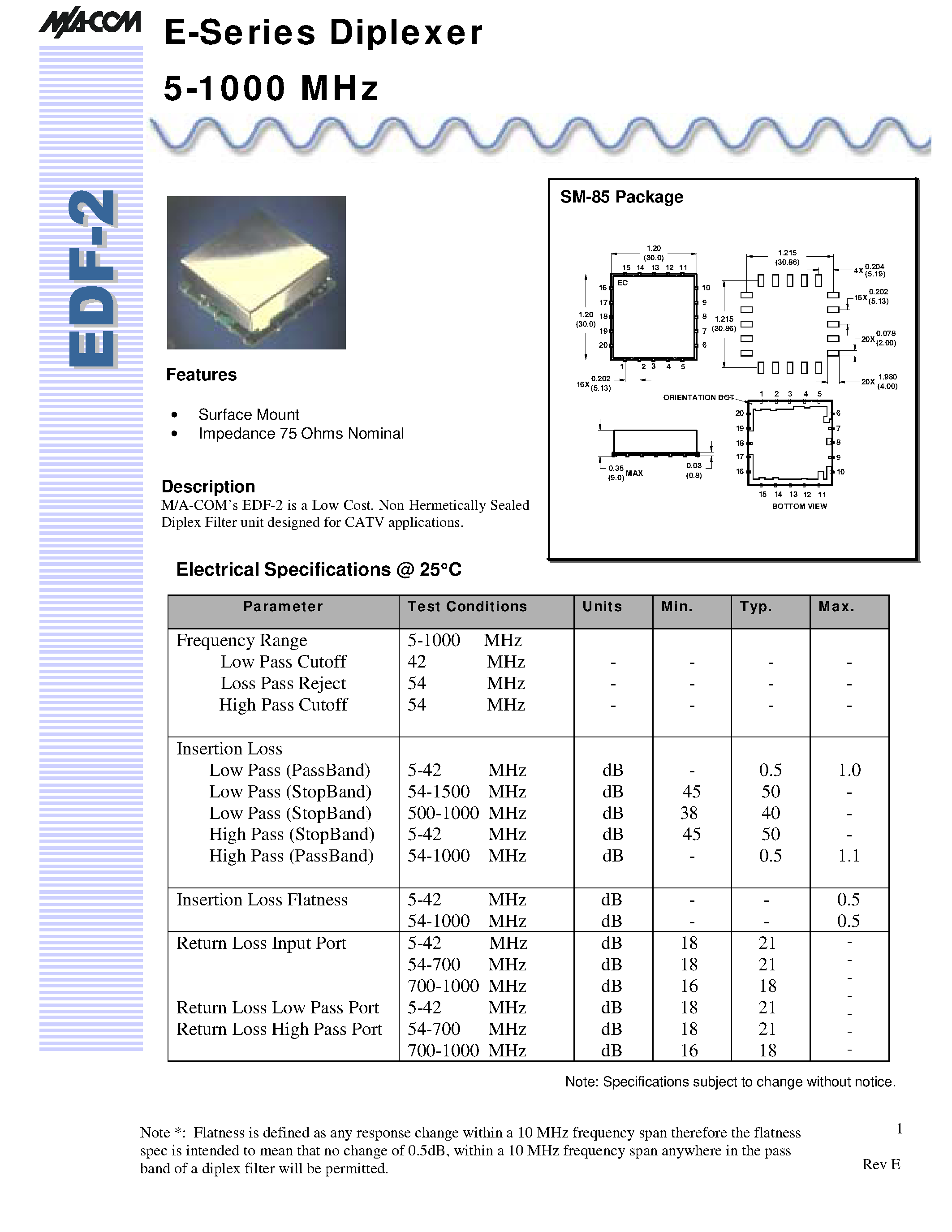 Datasheet EDF-2 - E-Series Diplexer 5-1000 MHz page 1