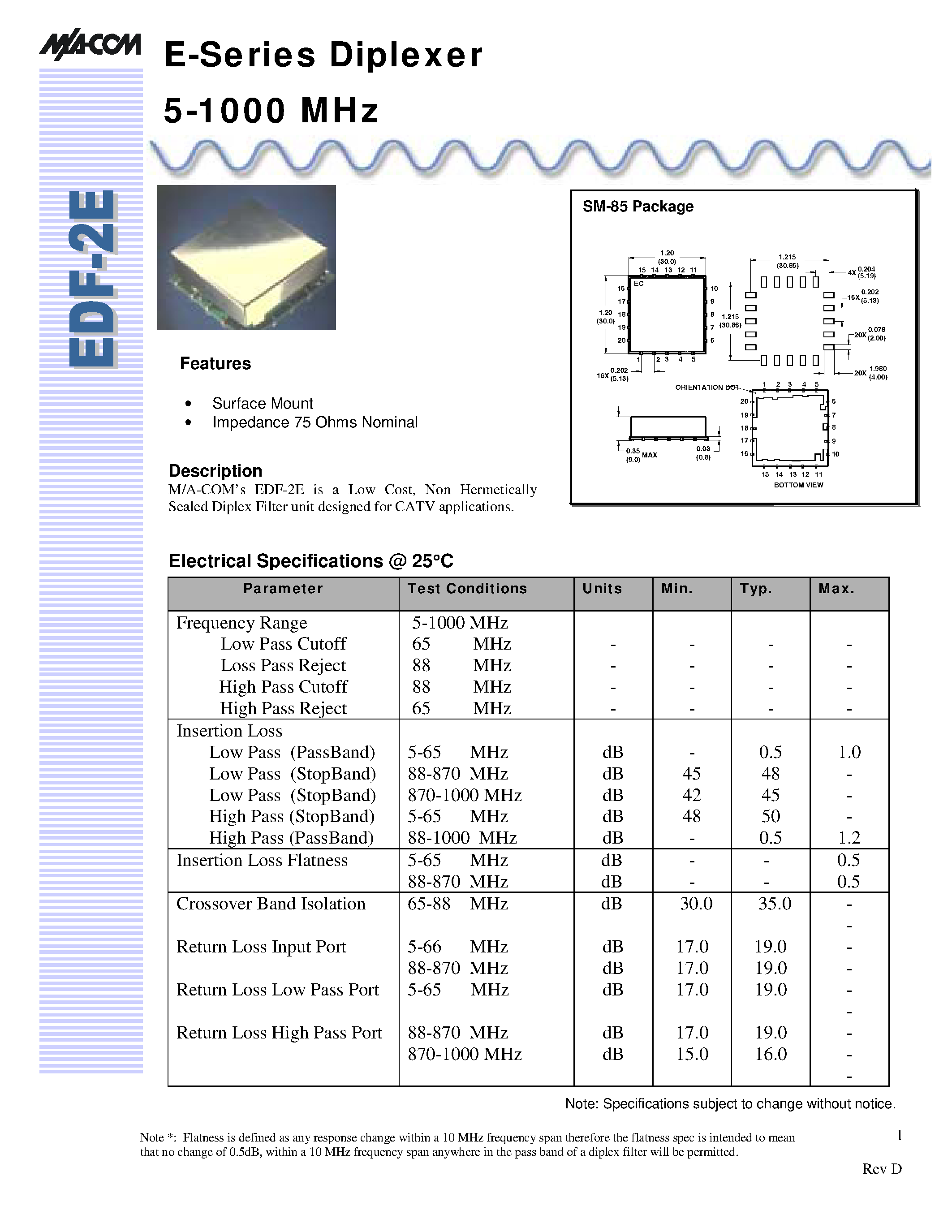 Datasheet EDF-2E - E-Series Diplexer 5-1000 MHz page 1