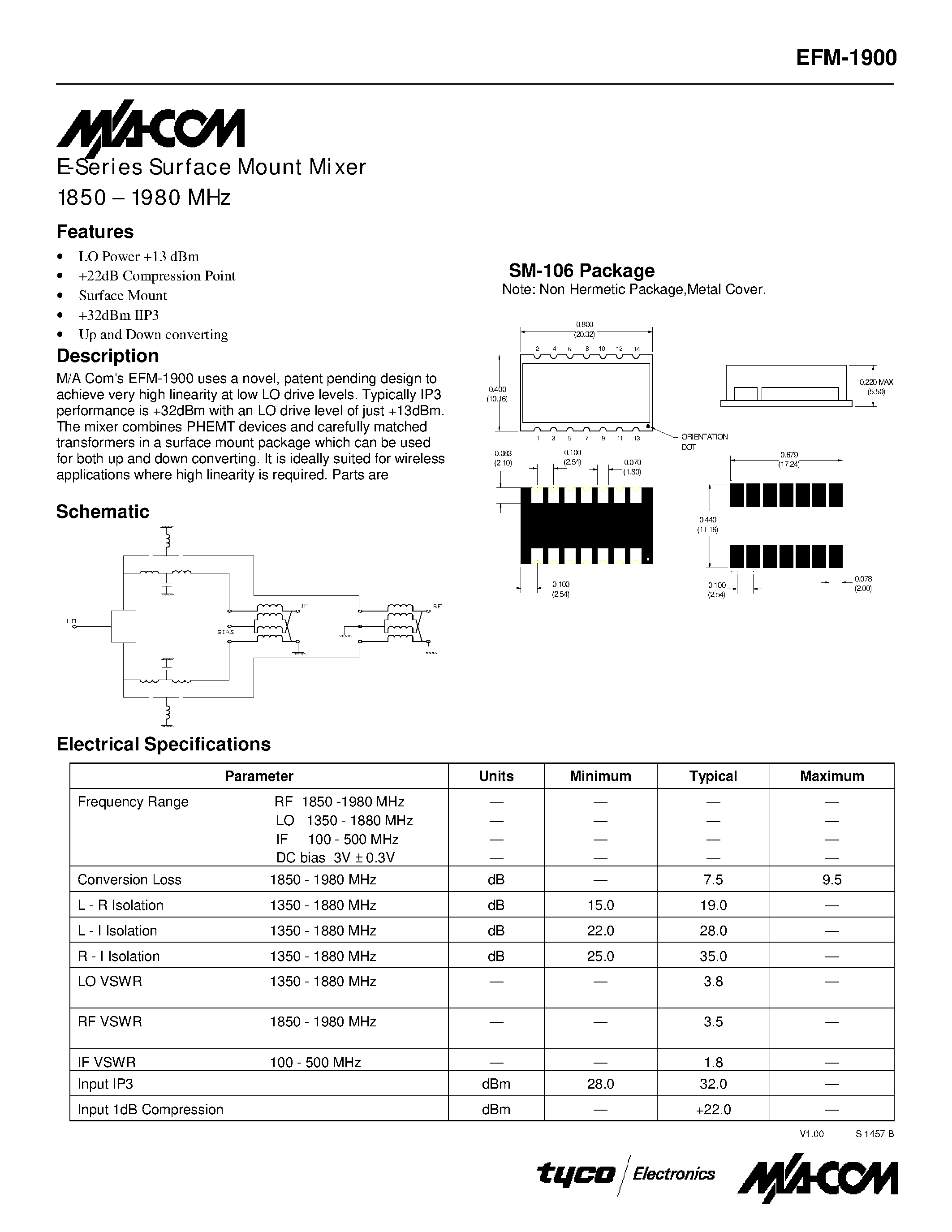 Datasheet EFM-1900 - E-Series Surface Mount Mixer 1850 - 1980 MHz page 1