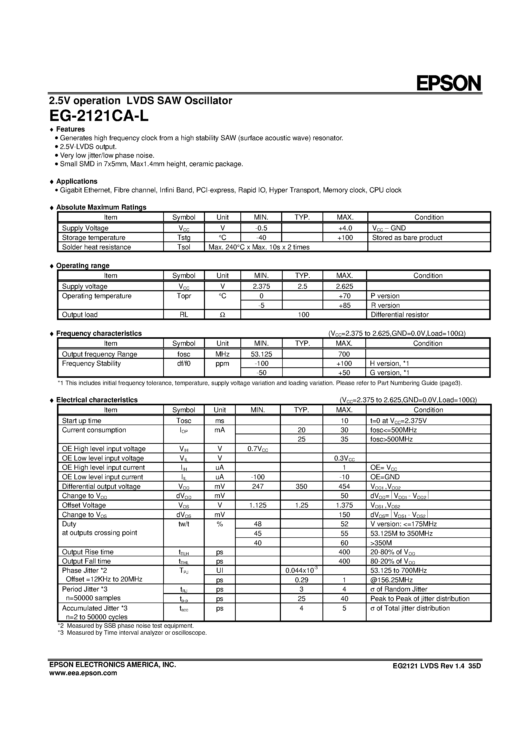 Datasheet EG-2121CA-L - 2.5V operation LVDS SAW Oscillator page 1