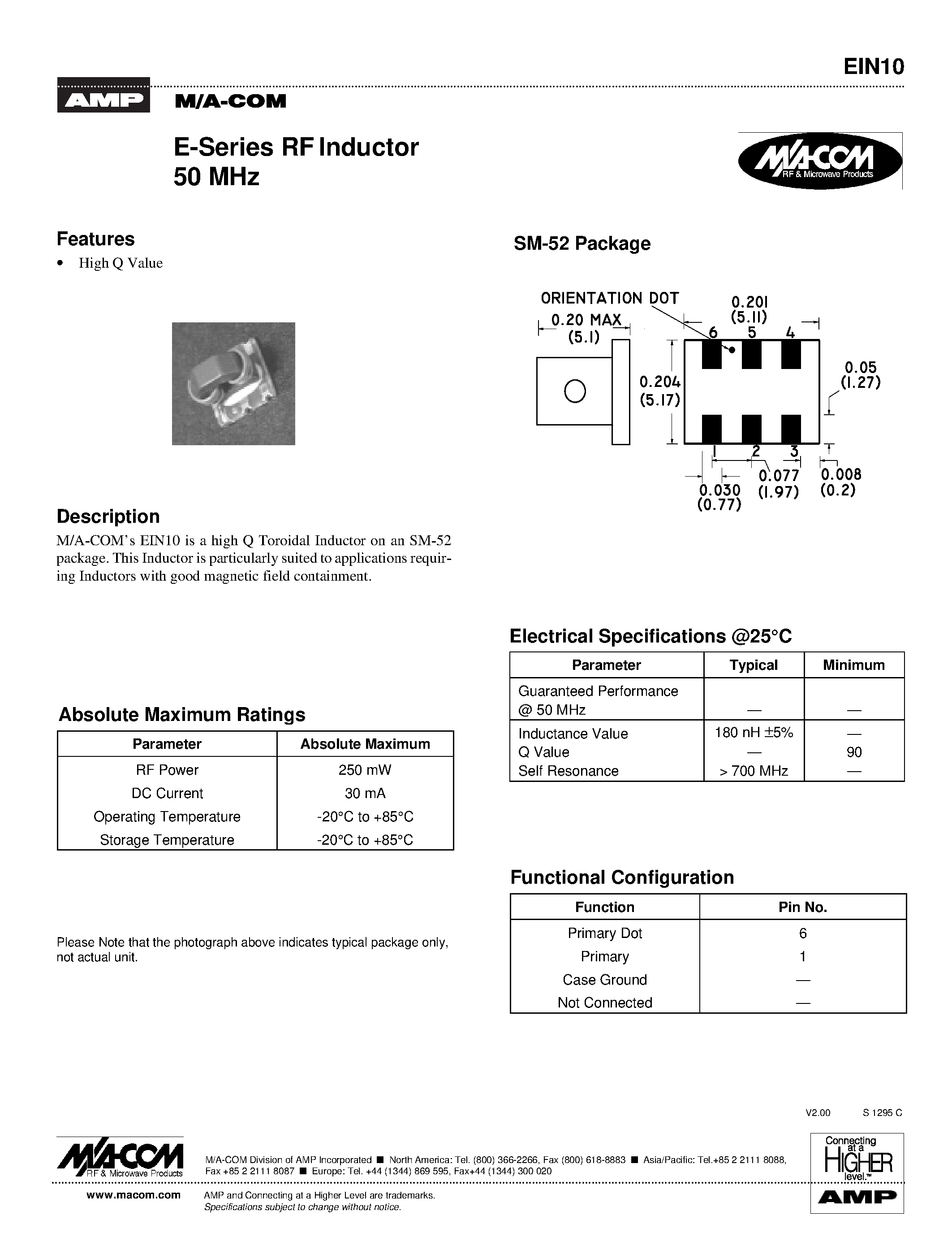 Datasheet EIN10 - E-Series RF Inductor 50 MHz page 1