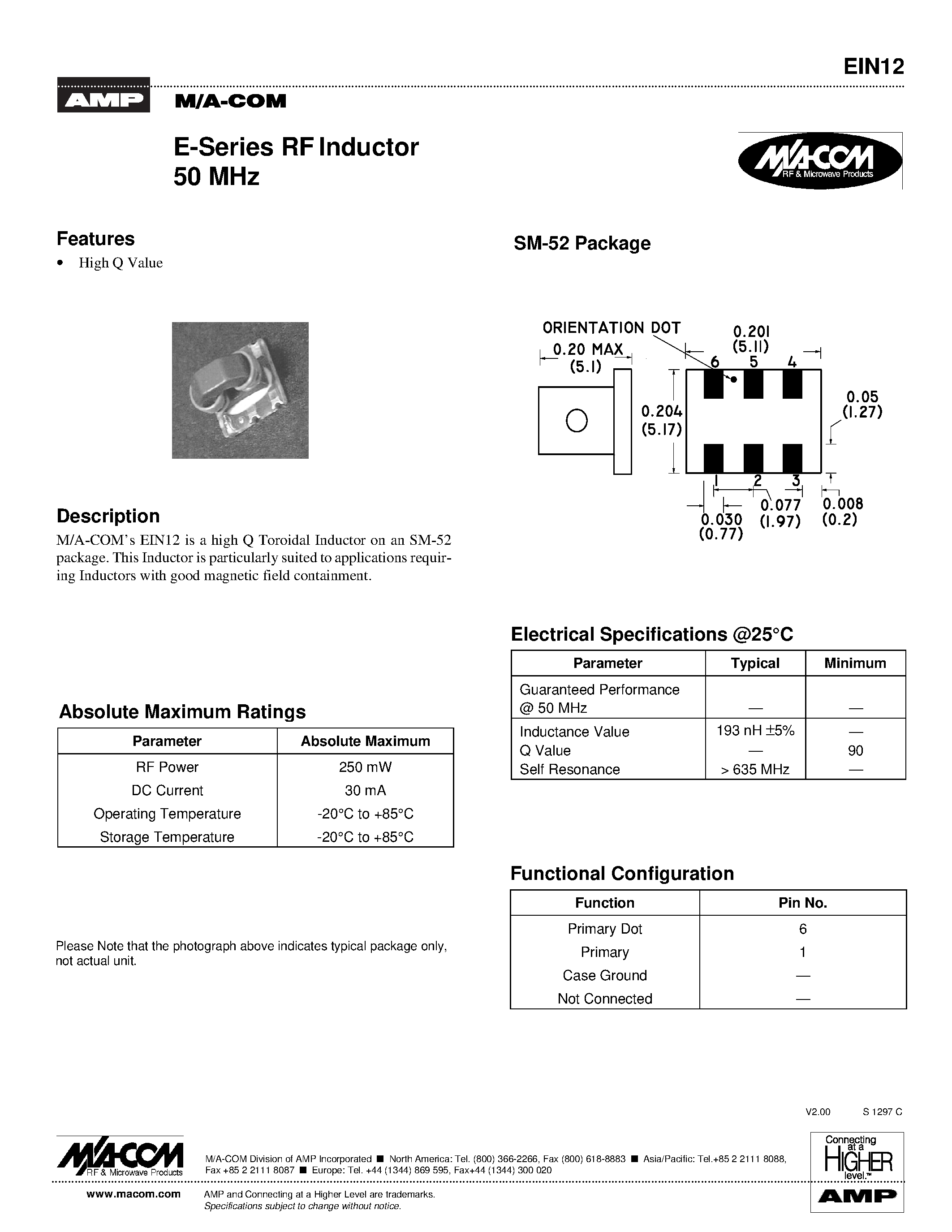 Datasheet EIN12 - E-Series RF Inductor 50 MHz page 1