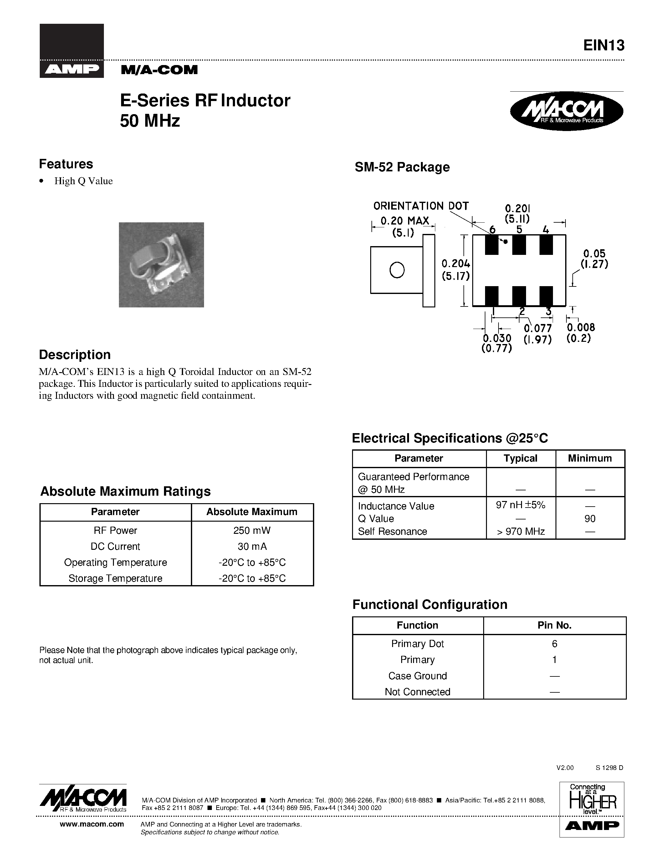 Datasheet EIN13 - E-Series RF Inductor 50 MHz page 1