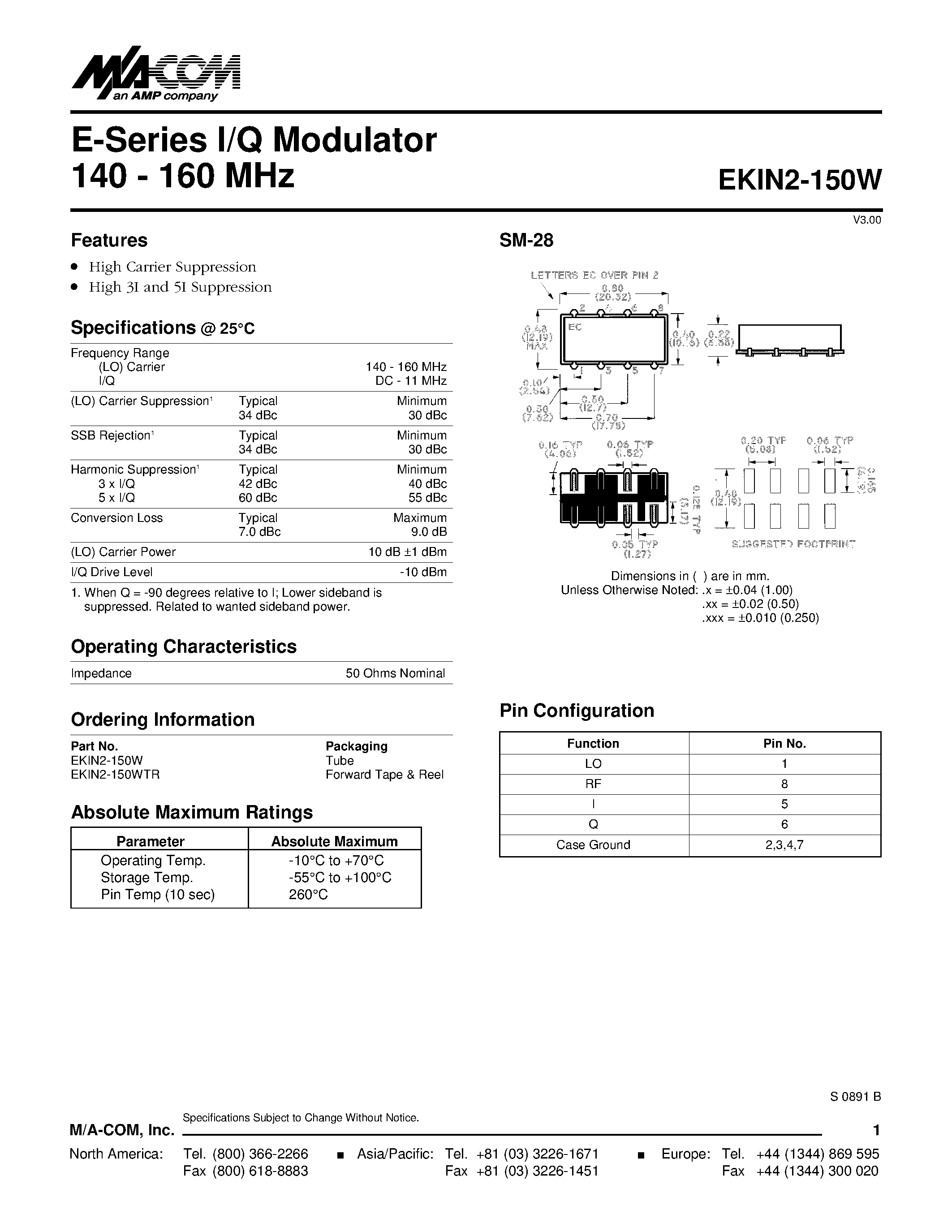 Datasheet EKIN2-150W - E-Series I/Q Modulator 140 - 160 MHz page 1