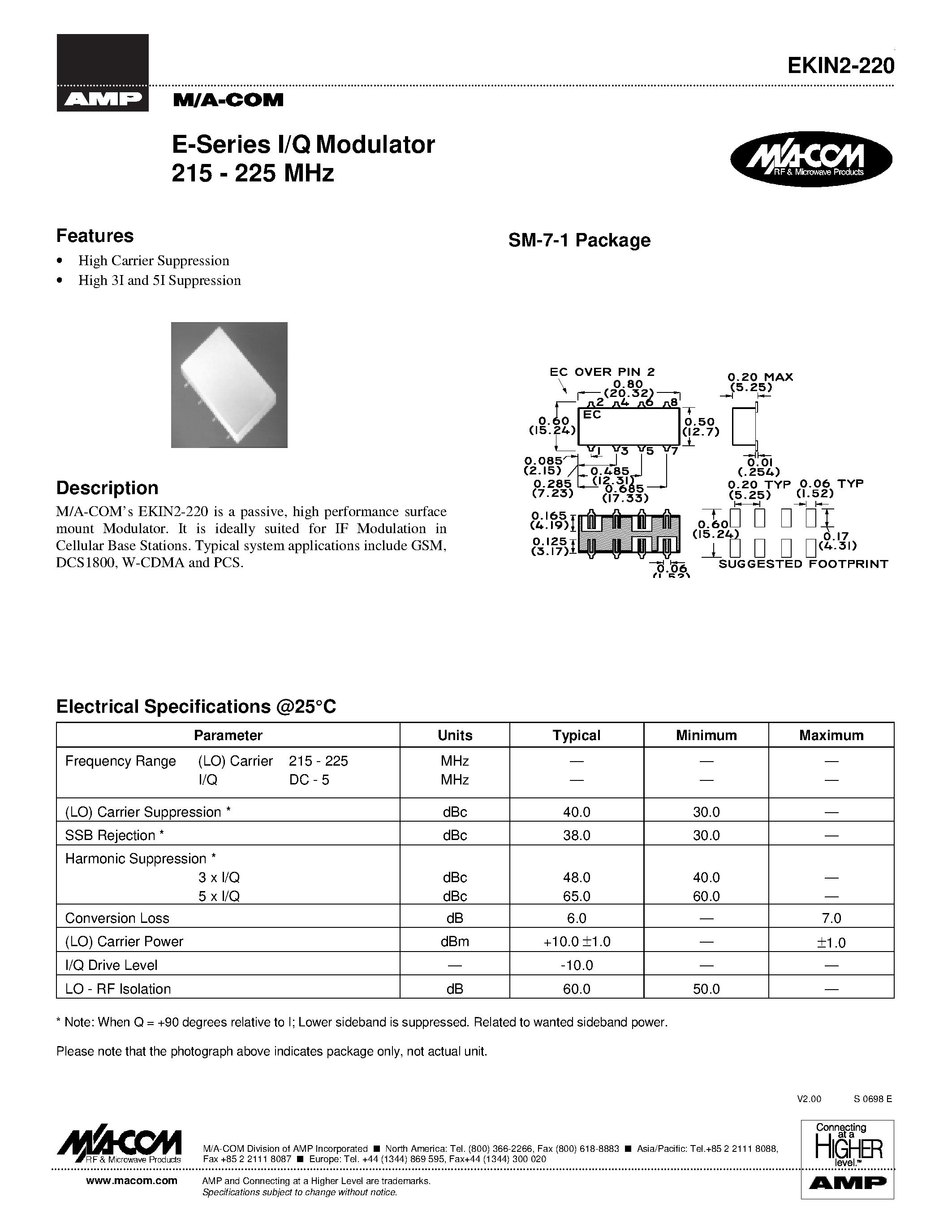 Datasheet EKIN2-220 - E-Series I/Q Modulator 215 - 225 MHz page 1