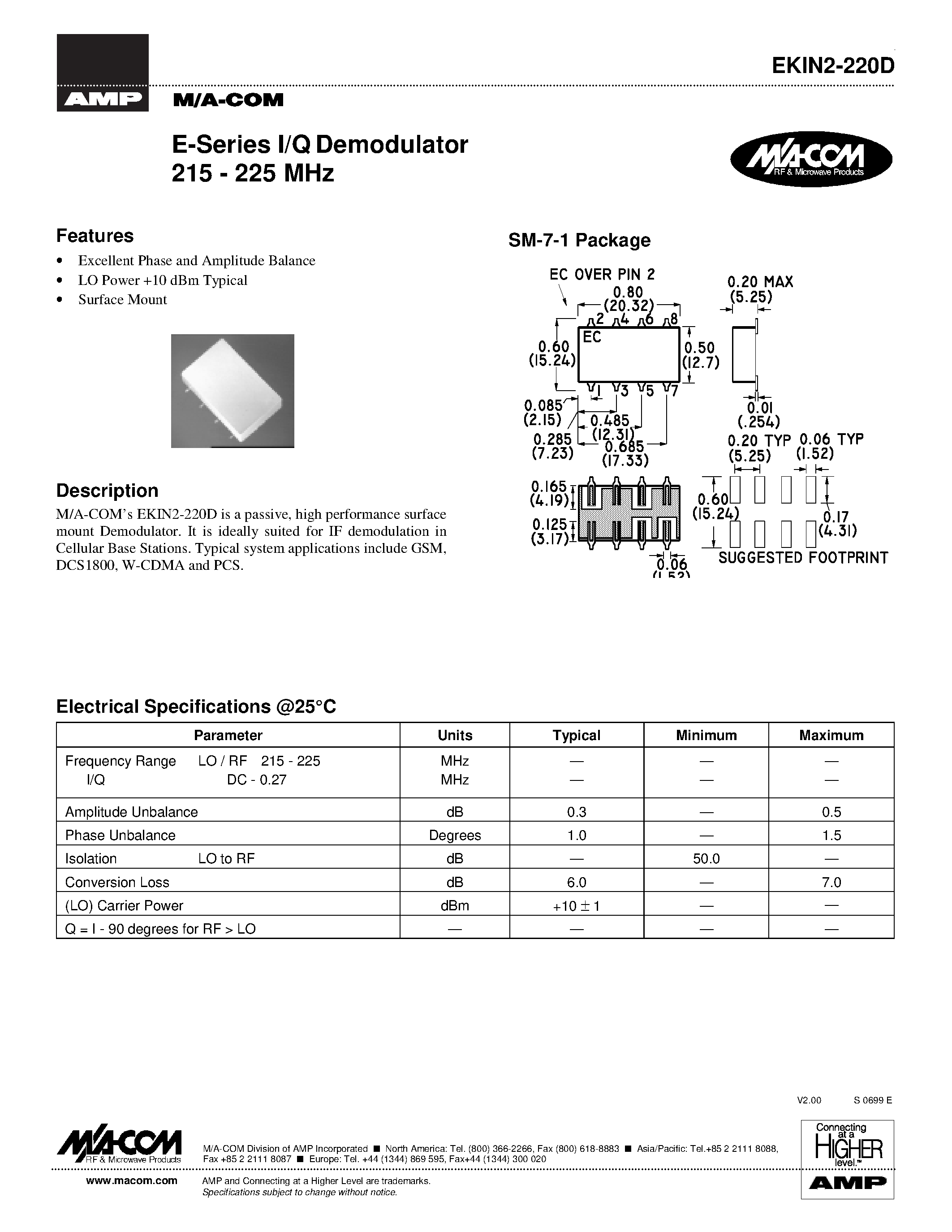 Datasheet EKIN2-220D - E-Series I/Q Demodulator 215 - 225 MHz page 1