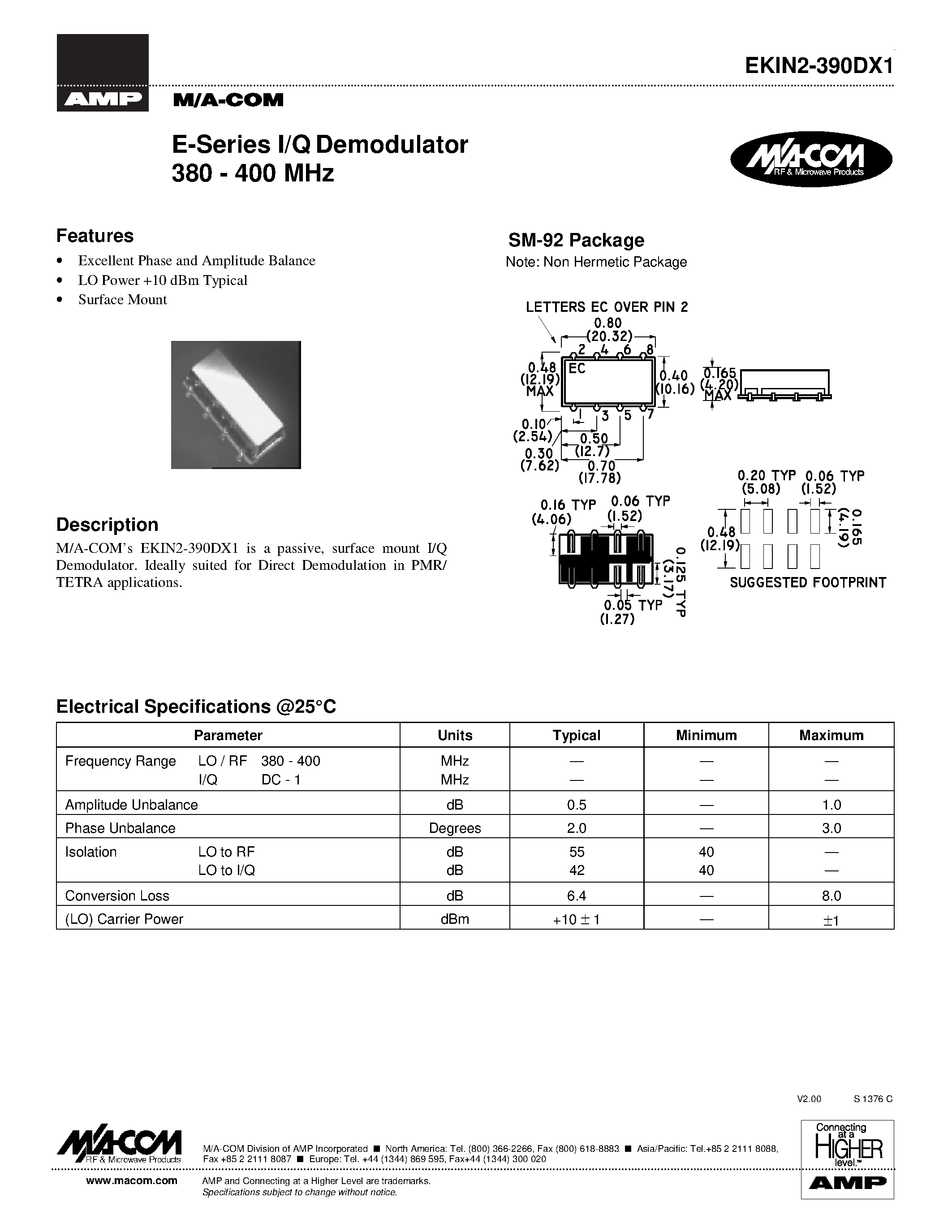 Datasheet EKIN2-390DX1 - E-Series I/Q Demodulator 380 - 400 MHz page 1