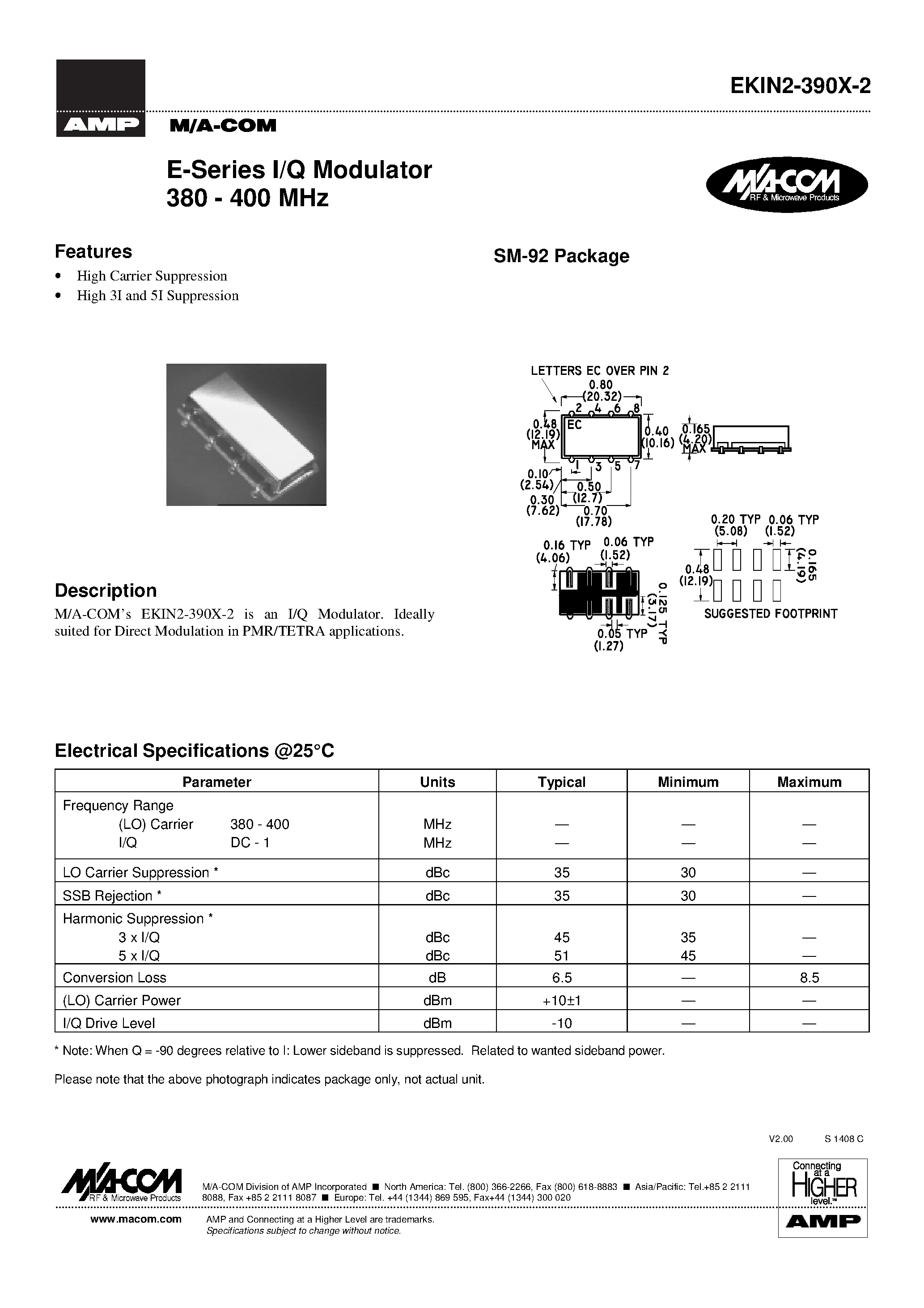 Datasheet EKIN2-390X-2 - E-Series I/Q Modulator 380 - 400 MHz page 1