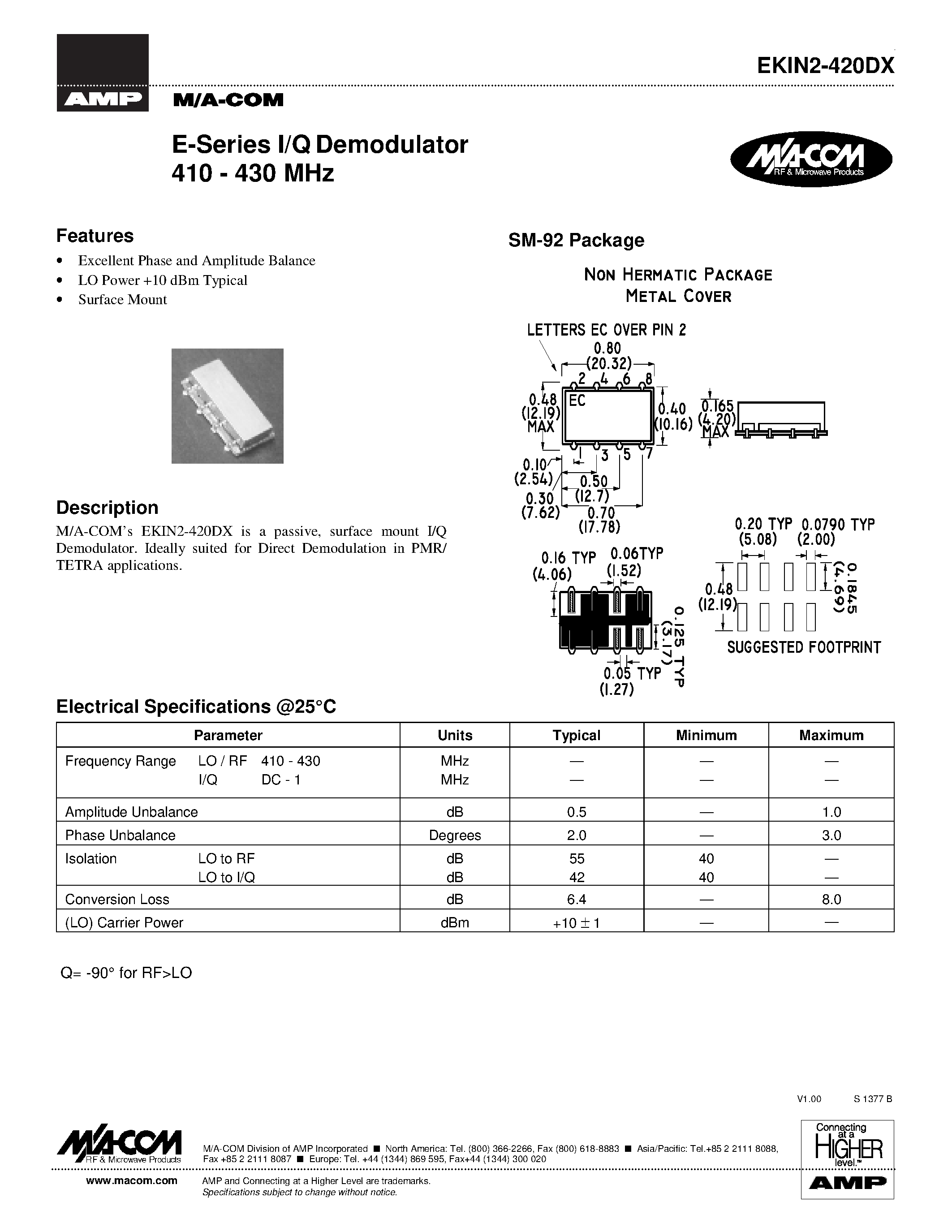 Даташит EKIN2-420DX - E-Series I/Q Demodulator 410 - 430 MHz страница 1