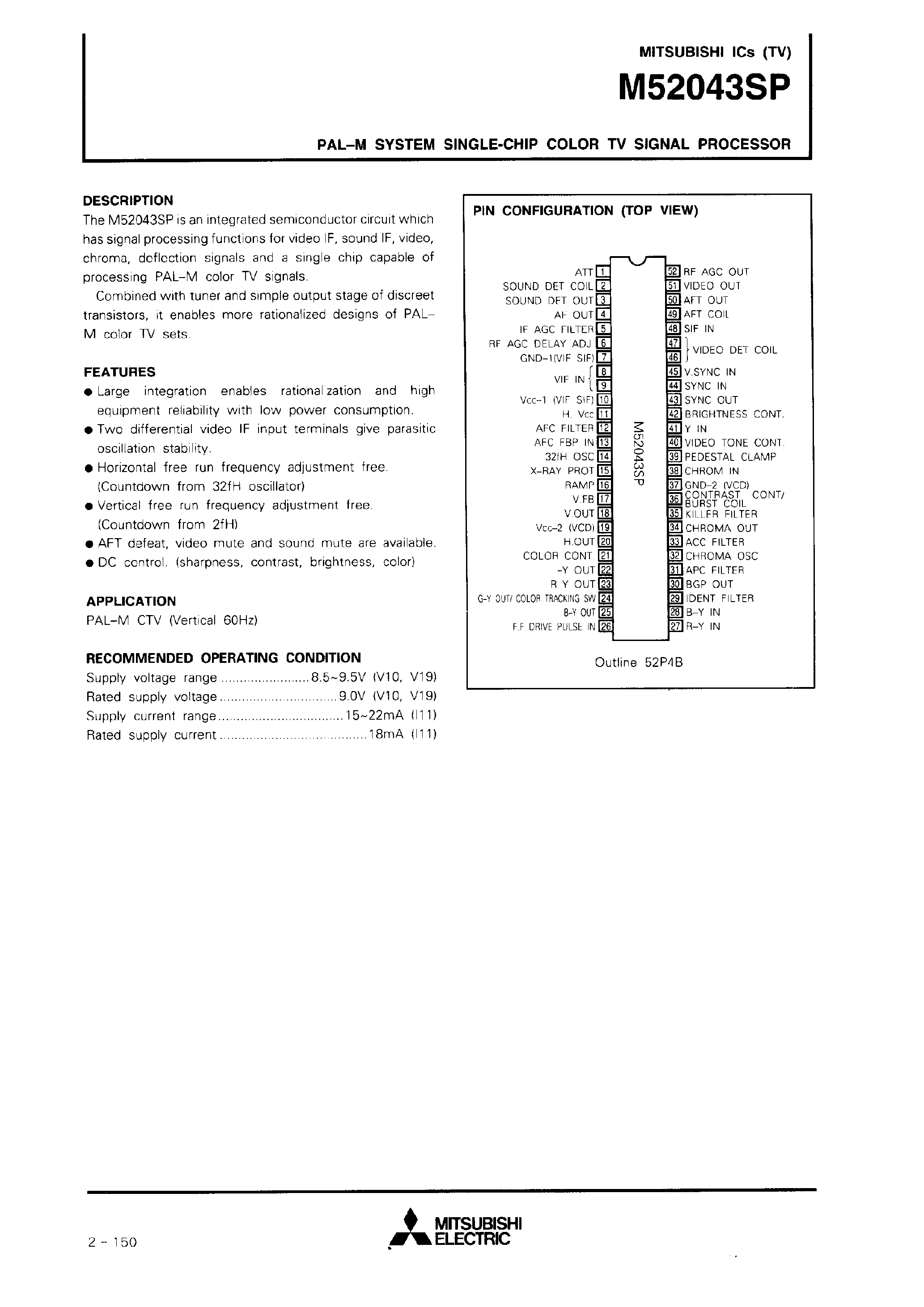 Даташит M52043 - PAL-M SYSTEM SINGLE-CHIP COLOR TV SIGNAL PROCESSOR страница 1