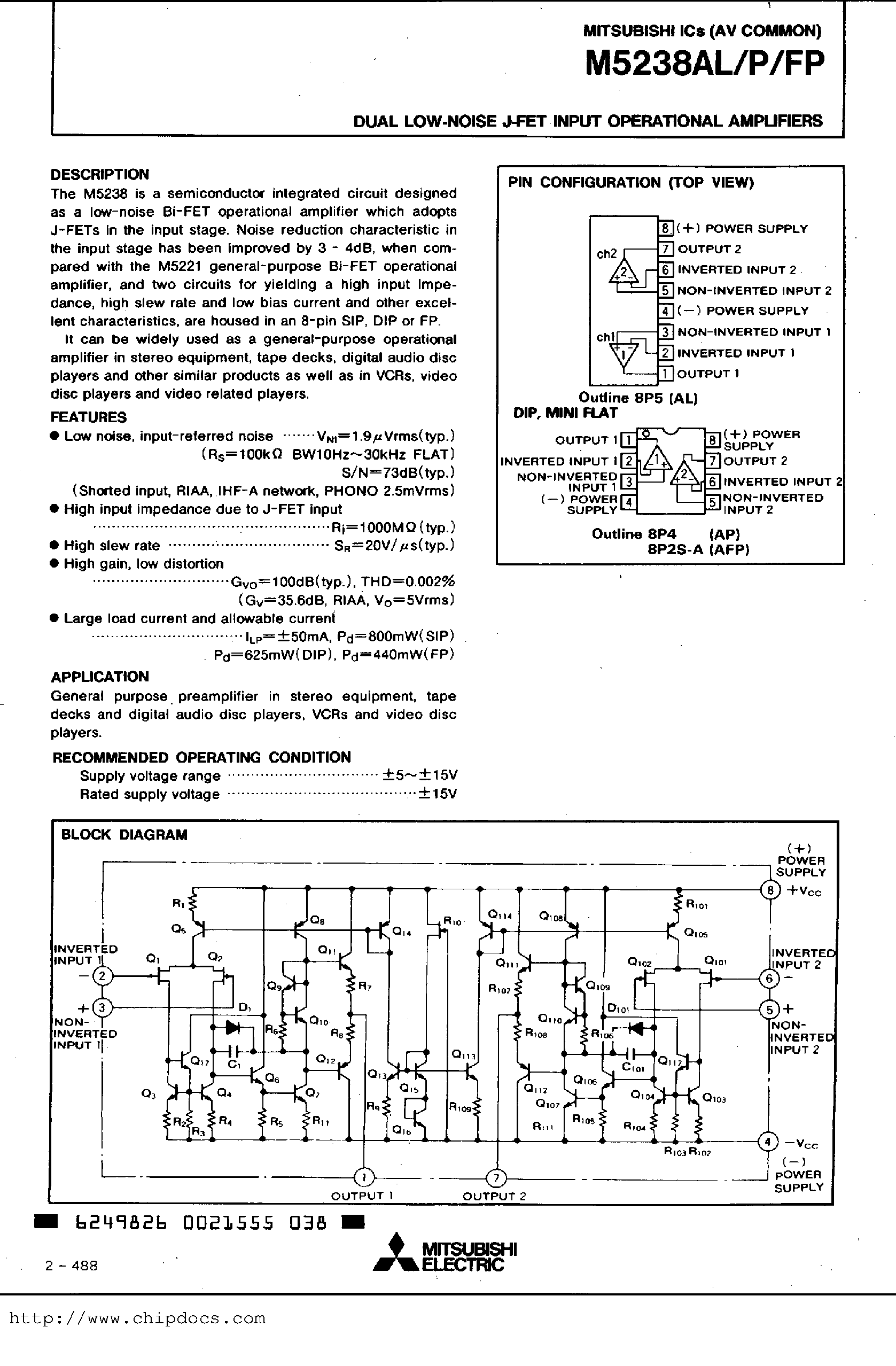 Даташит M5238AFP - DUAL LOW-NOISE J-FET INPUT OPERATIONAL AMPLIFIERS страница 1