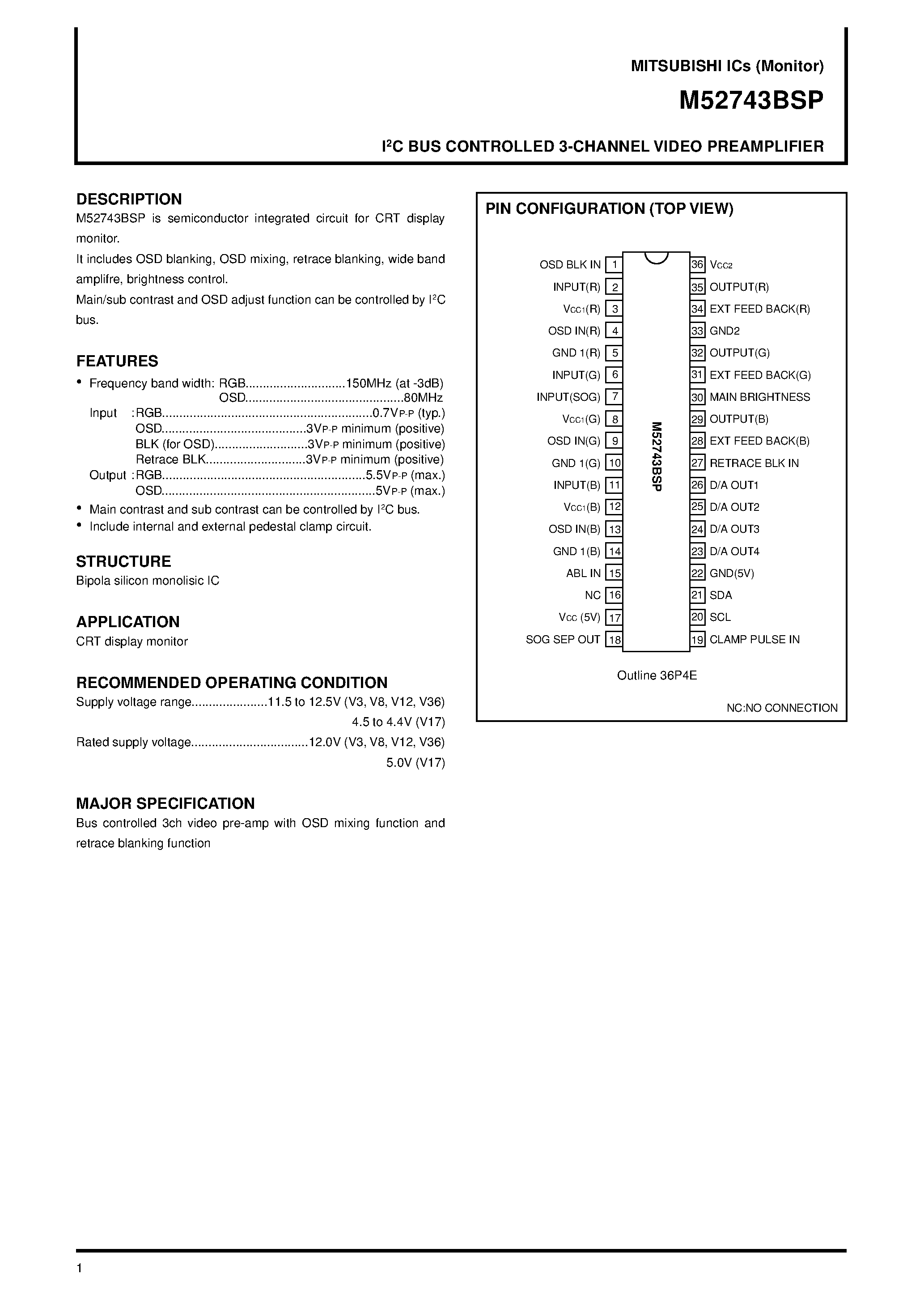 Даташит M52743BSP - I 2 C BUS CONTROLLED 3-CHANNEL VIDEO PREAMPLIFIER страница 1