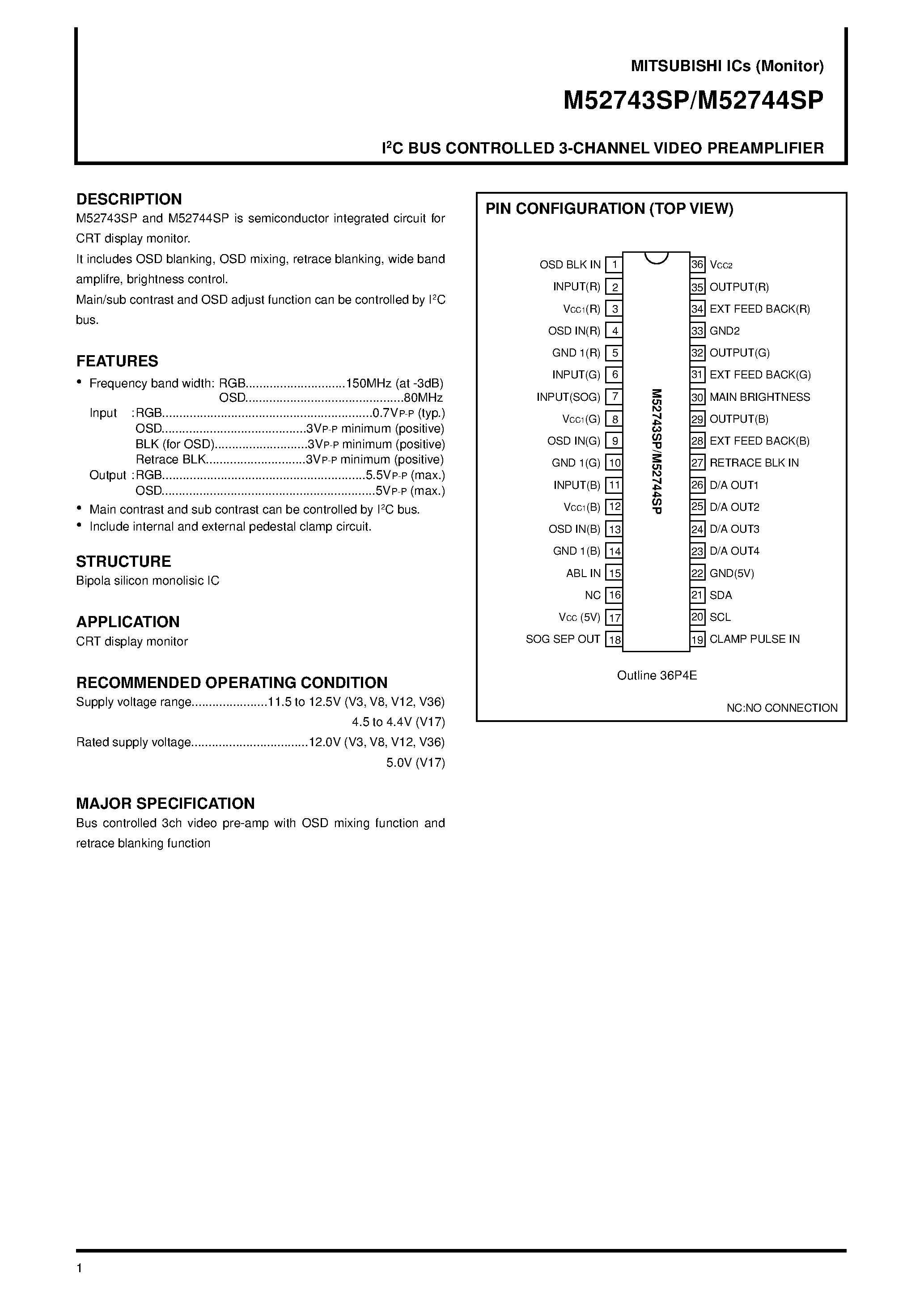 Datasheet M52743SP - I 2 C BUS CONTROLLED 3-CHANNEL VIDEO PREAMPLIFIER page 1