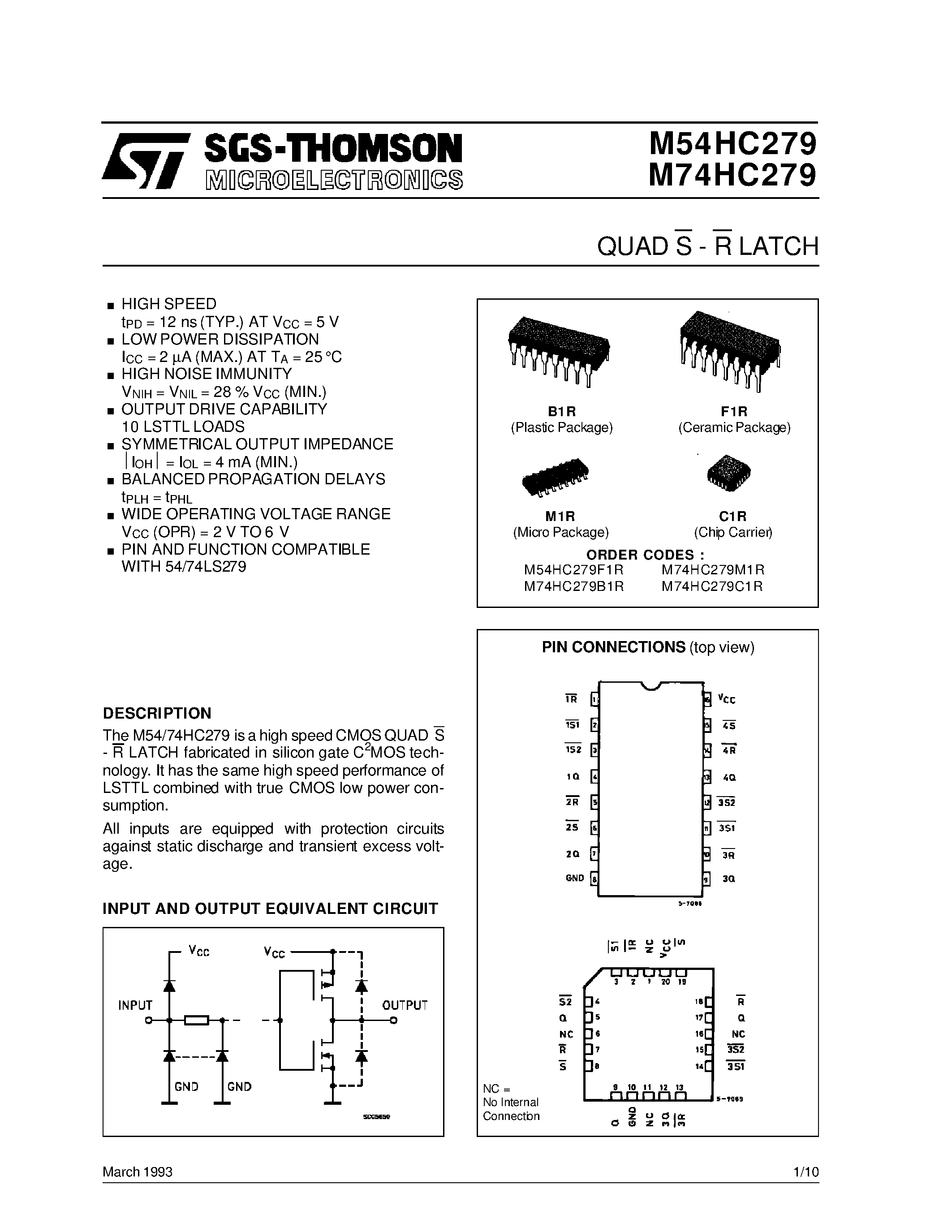 Datasheet M54HC279 - QUAD S - R LATCH page 1