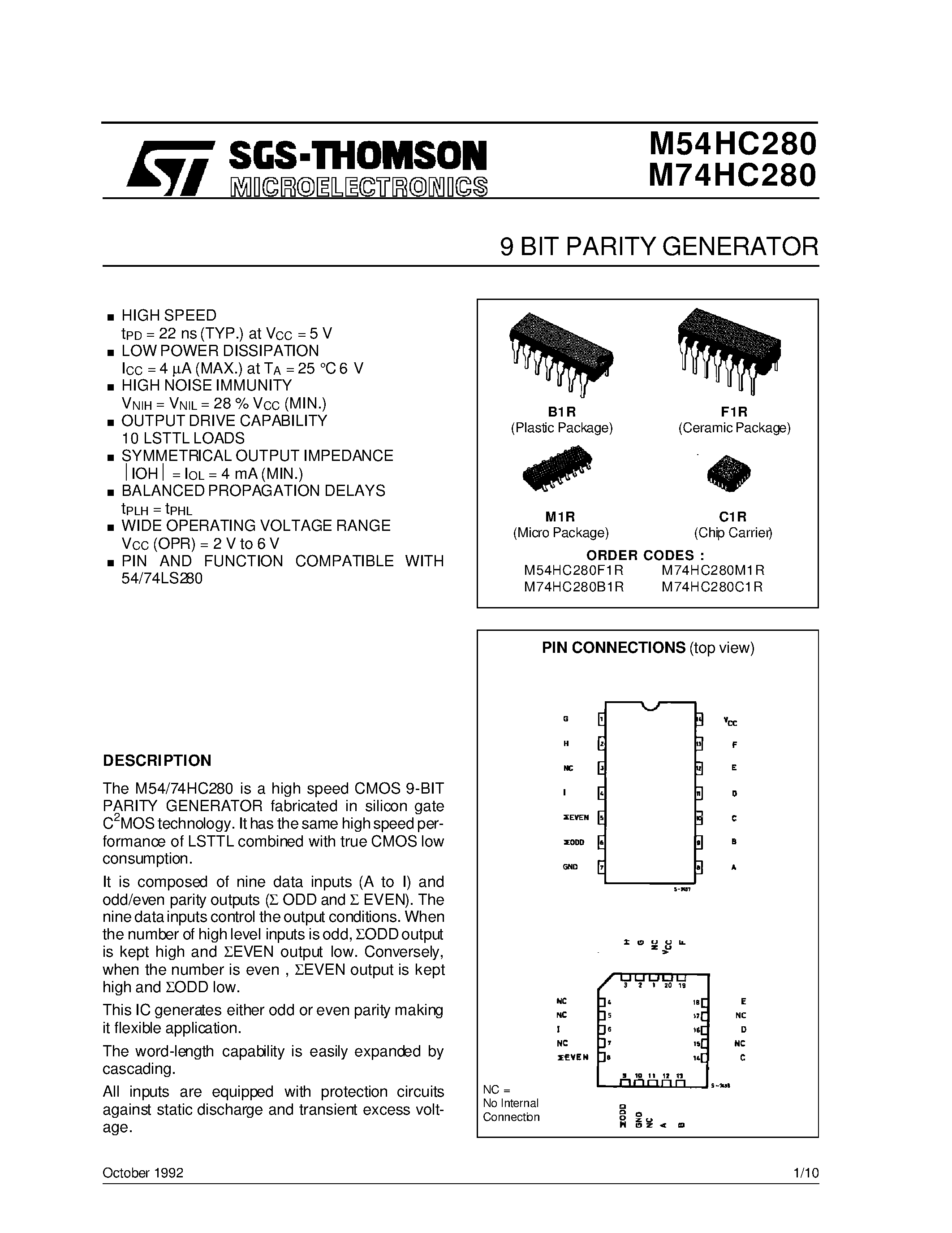 Даташит M54HC280 - 9 BIT PARITY GENERATOR страница 1