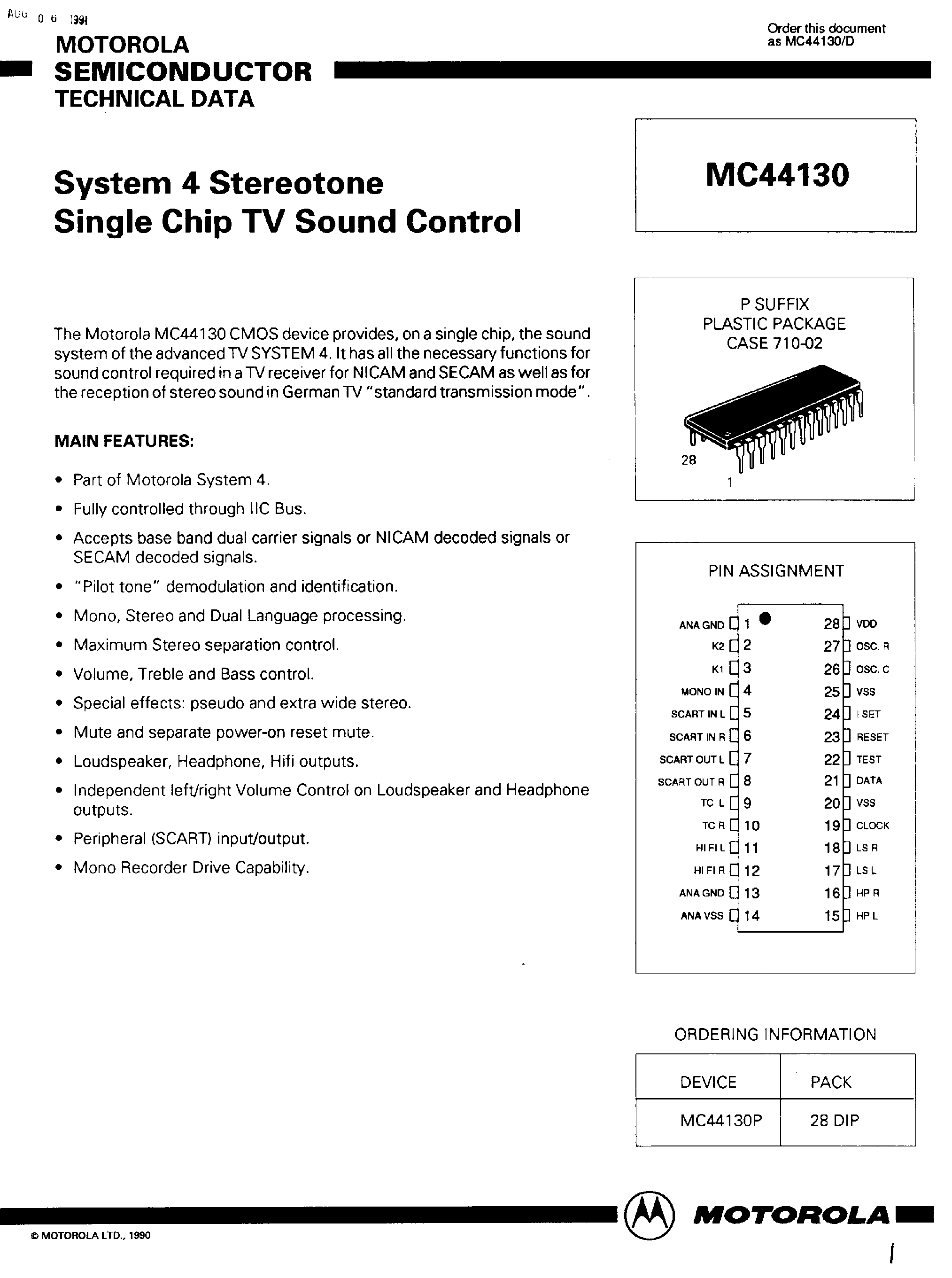 Datasheet MC44130P - System 4 Stereotone Single Chip TV Sound Control page 1