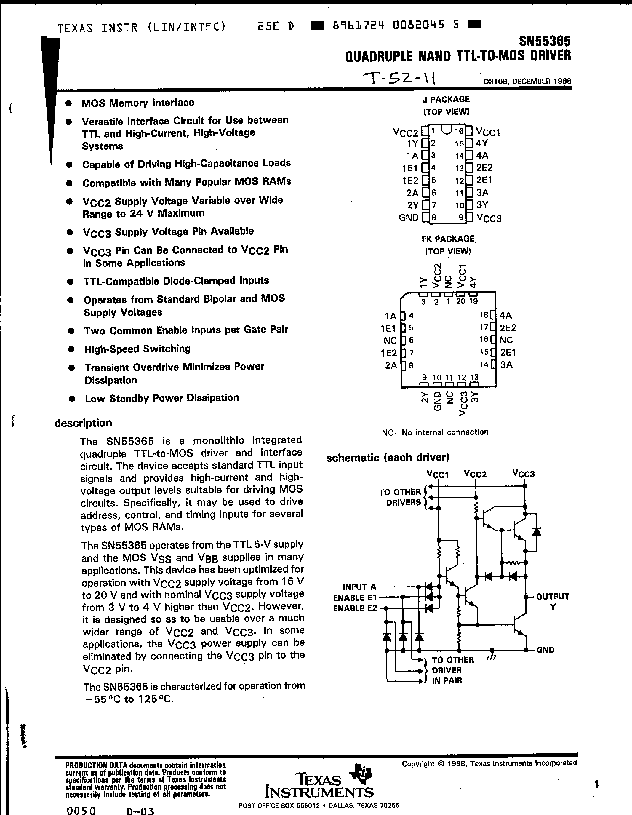 Даташит SN55365 - Quadruple NAND TTL-To-MOS Driver страница 1