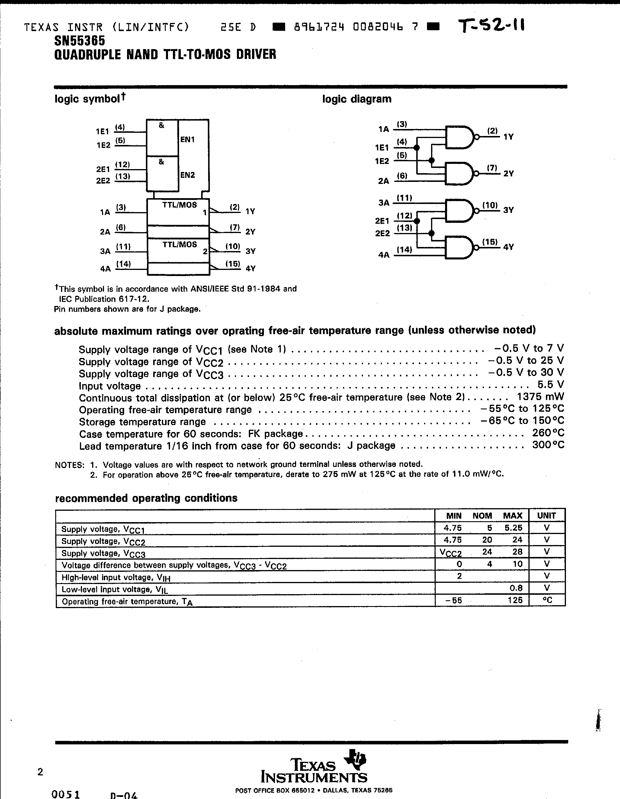 Даташит SN55365 - Quadruple NAND TTL-To-MOS Driver страница 2