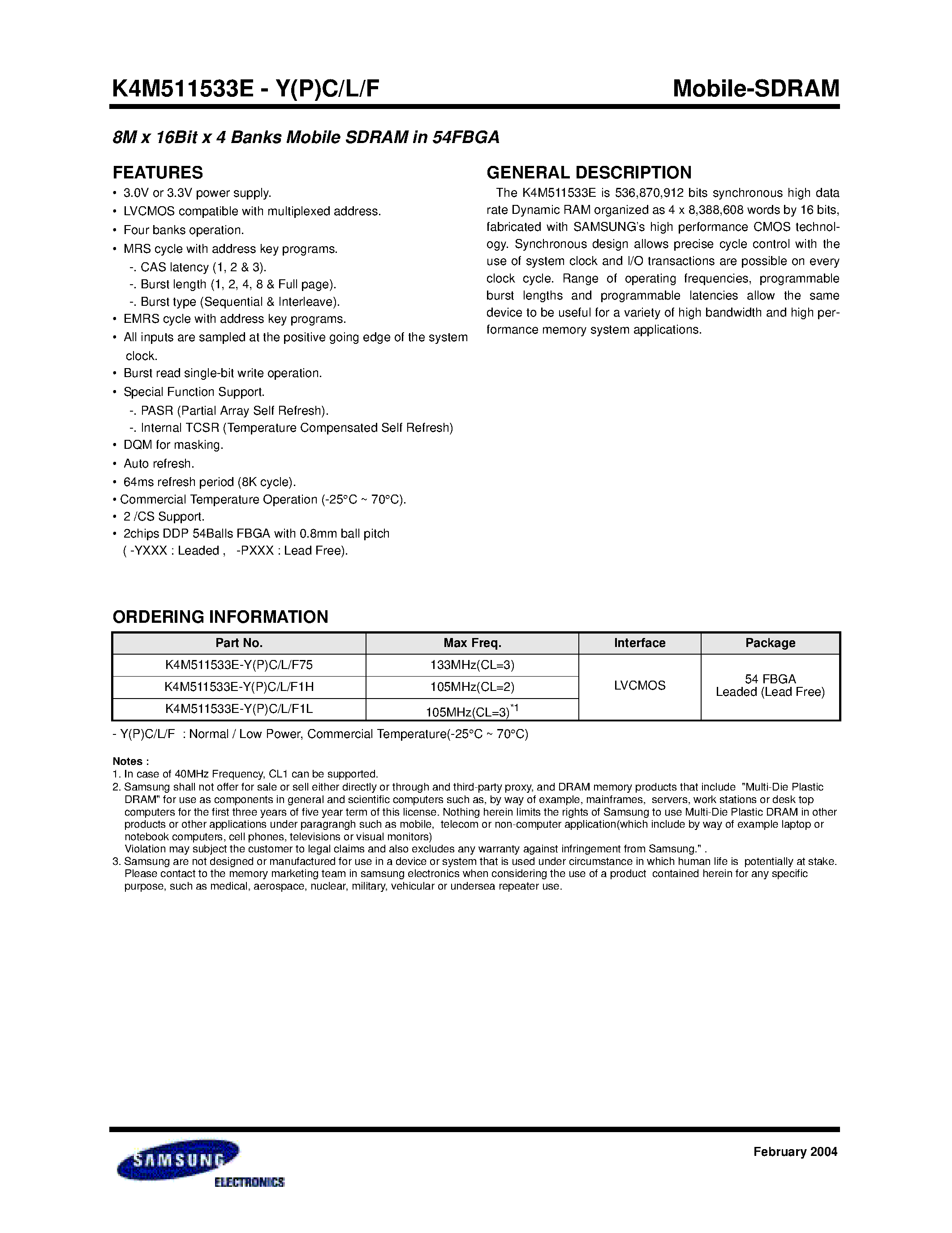 Datasheet K4M511533E-L - Mobile-SDRAM page 1