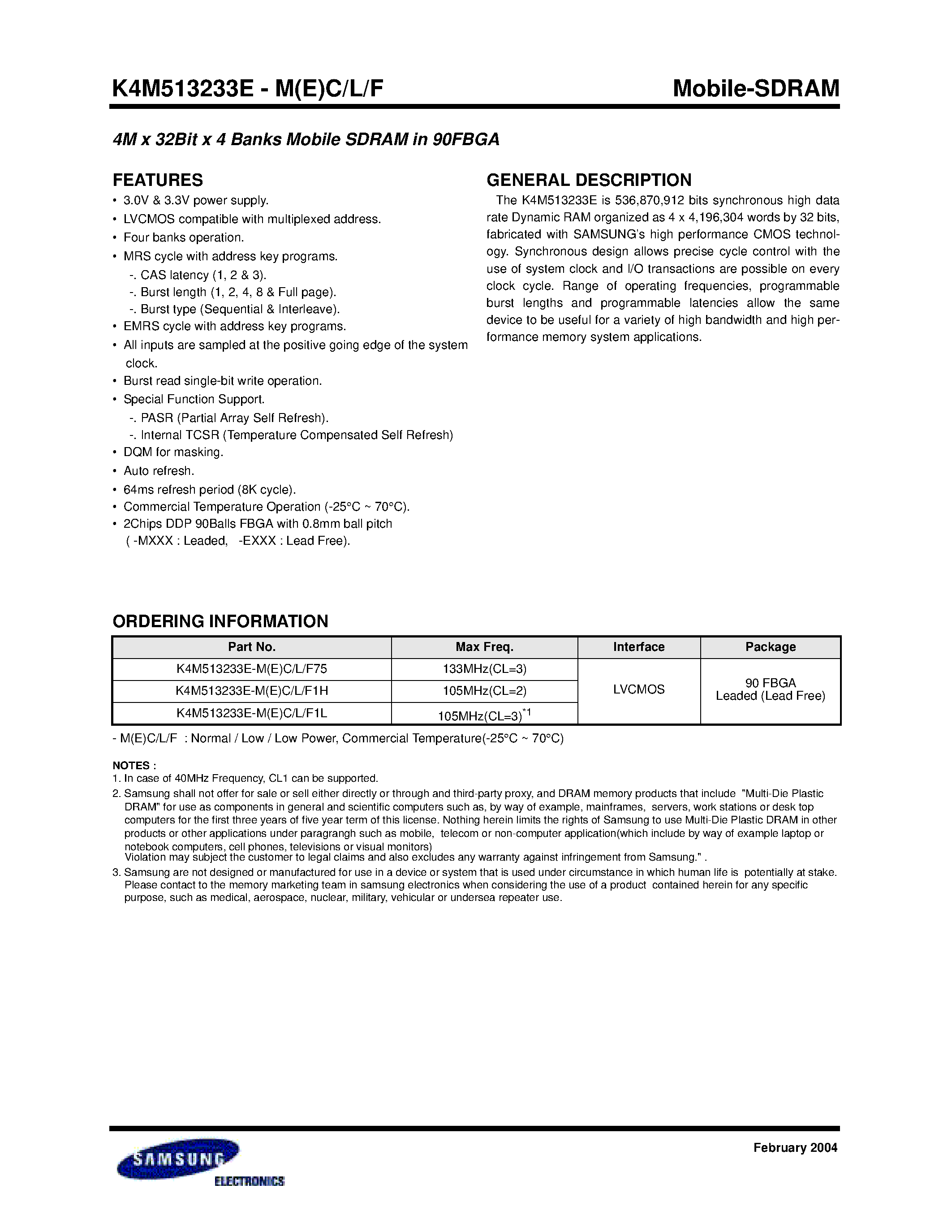 Datasheet K4M513233E-L - 4M x 32Bit x 4 Banks Mobile SDRAM in 90FBGA page 1