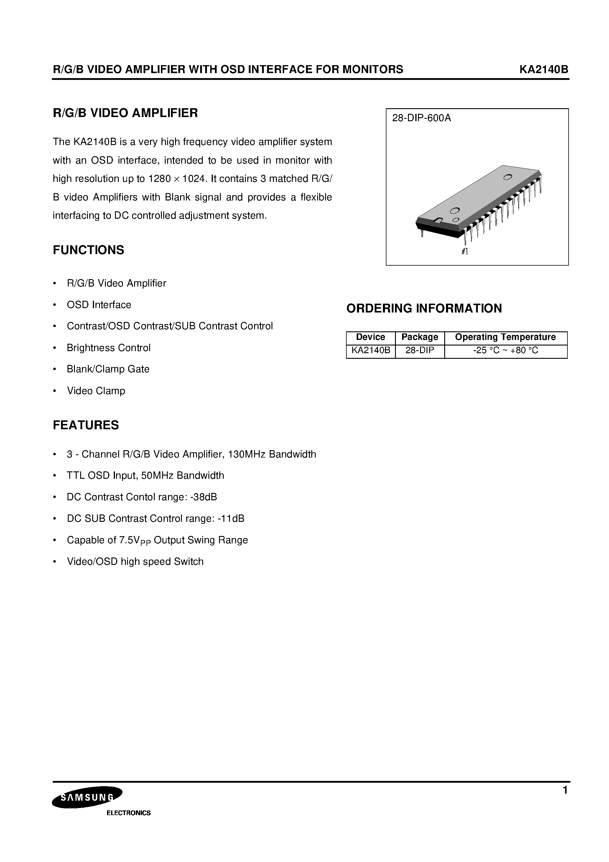 Datasheet KA2140B - R/G/B VIDEO AMPLIFIER WITH OSD INTERFACE FOR MONITORS page 1