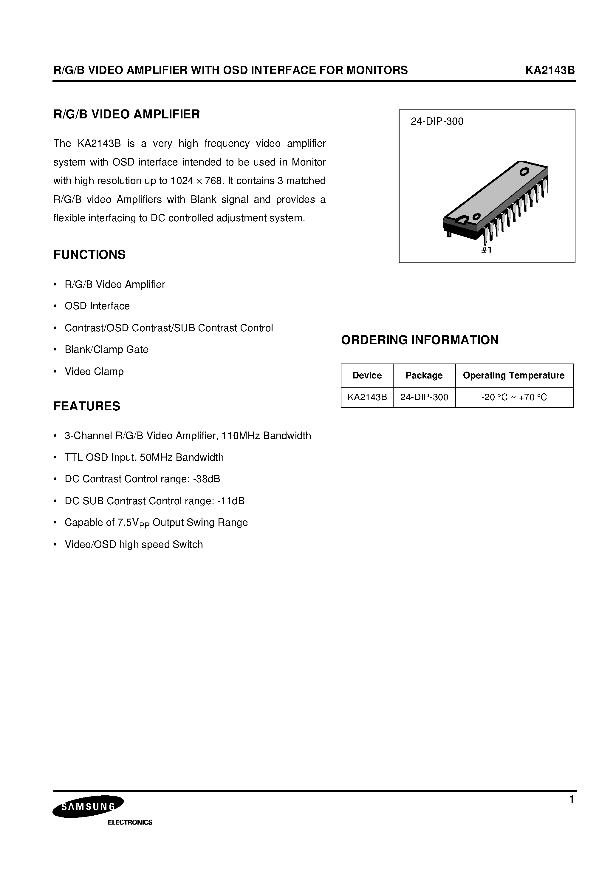 Даташит KA2143B - R/G/B VIDEO AMPLIFIER WITH OSD INTERFACE FOR MONITORS страница 2