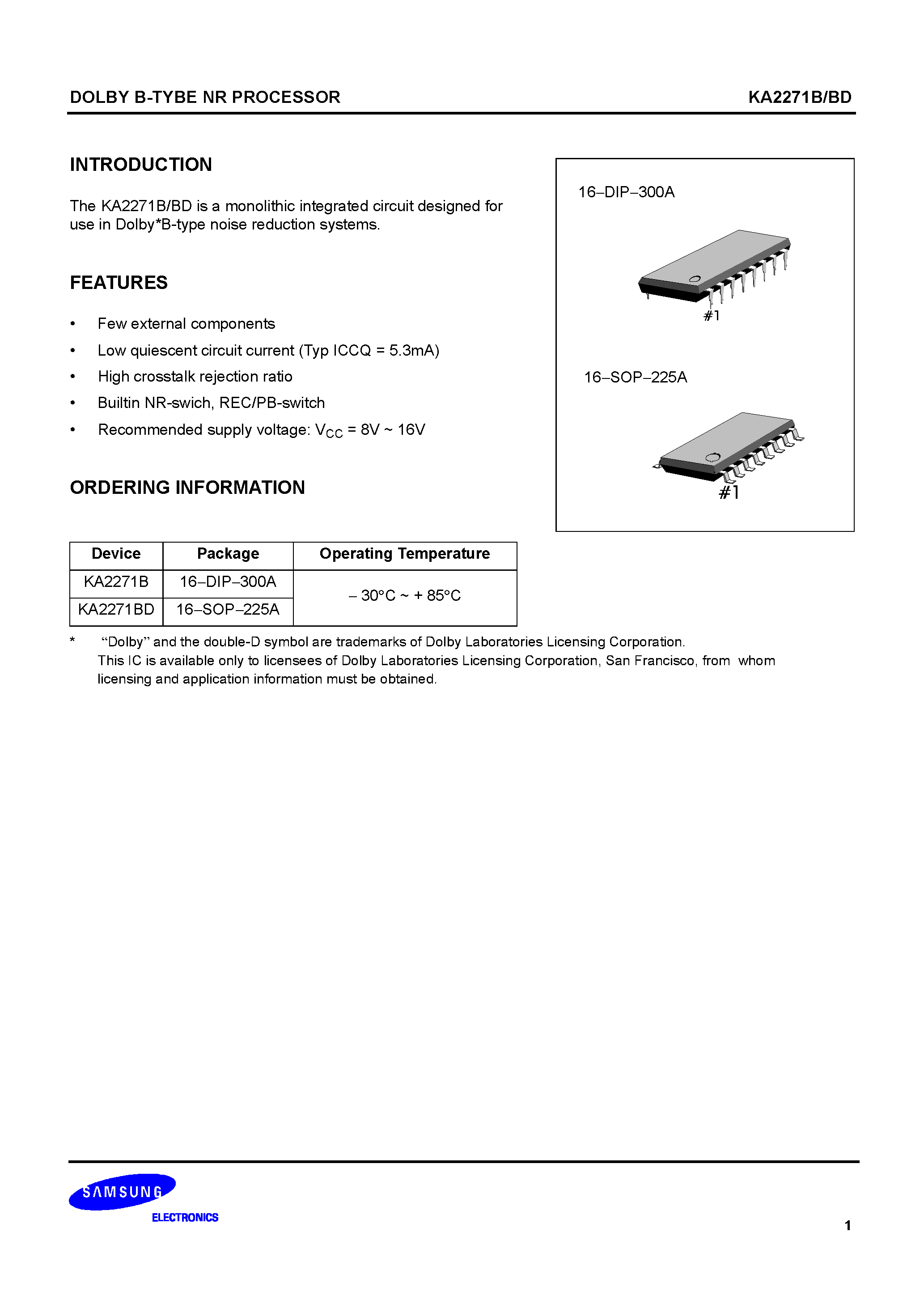 Datasheet KA2271 - DOLBY B TYPE NOISE REDUCTION PROCESSOR page 1