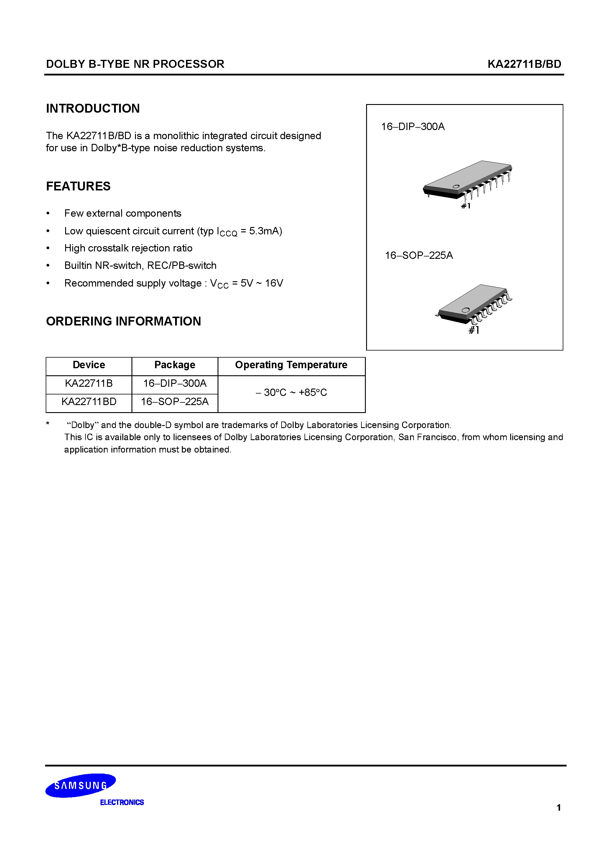 Datasheet KA22711B - DOLBY B-TYBE NR PROCESSOR page 1