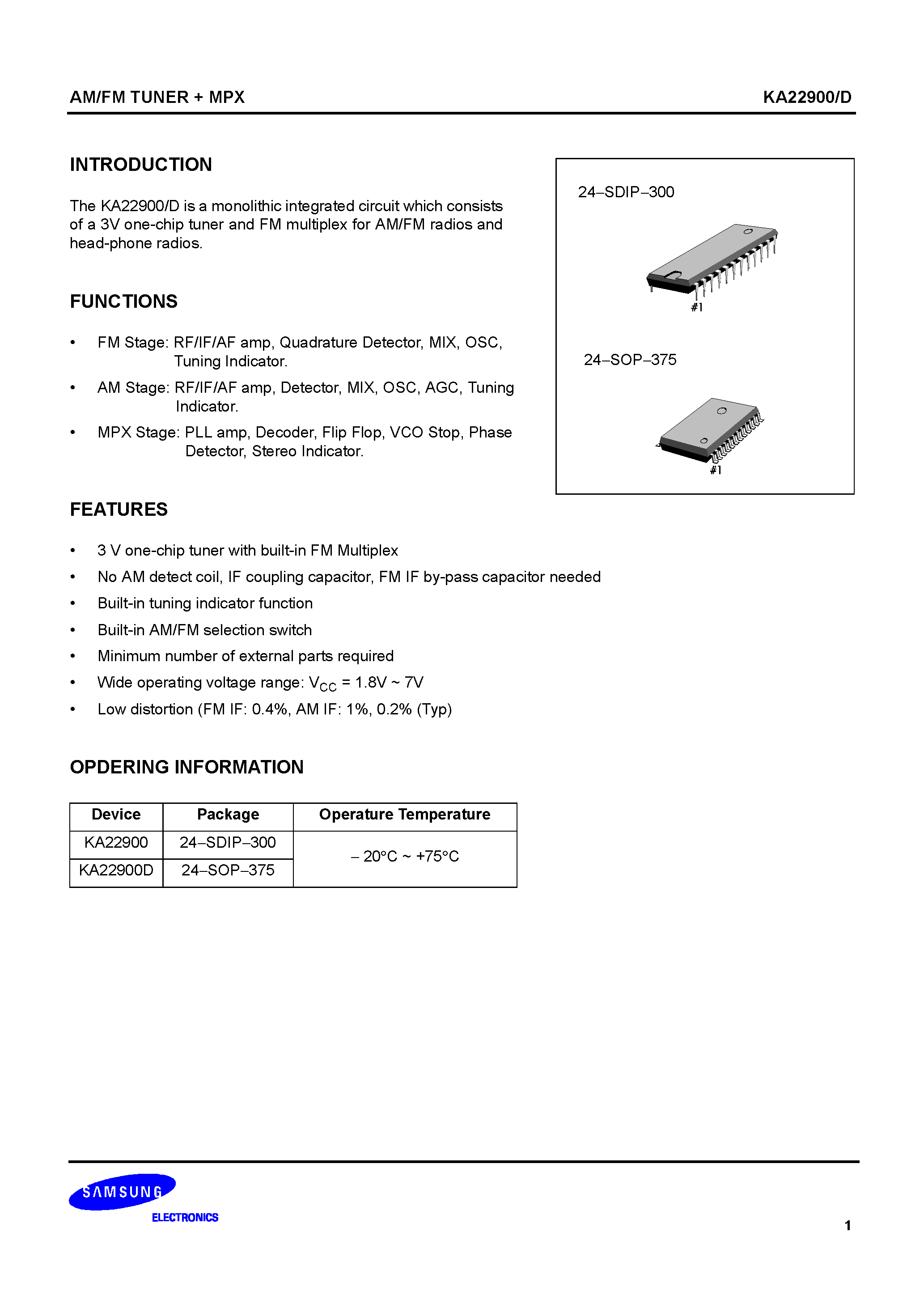 Datasheet KA22900-D - AM/FM TUNER + MPX page 1